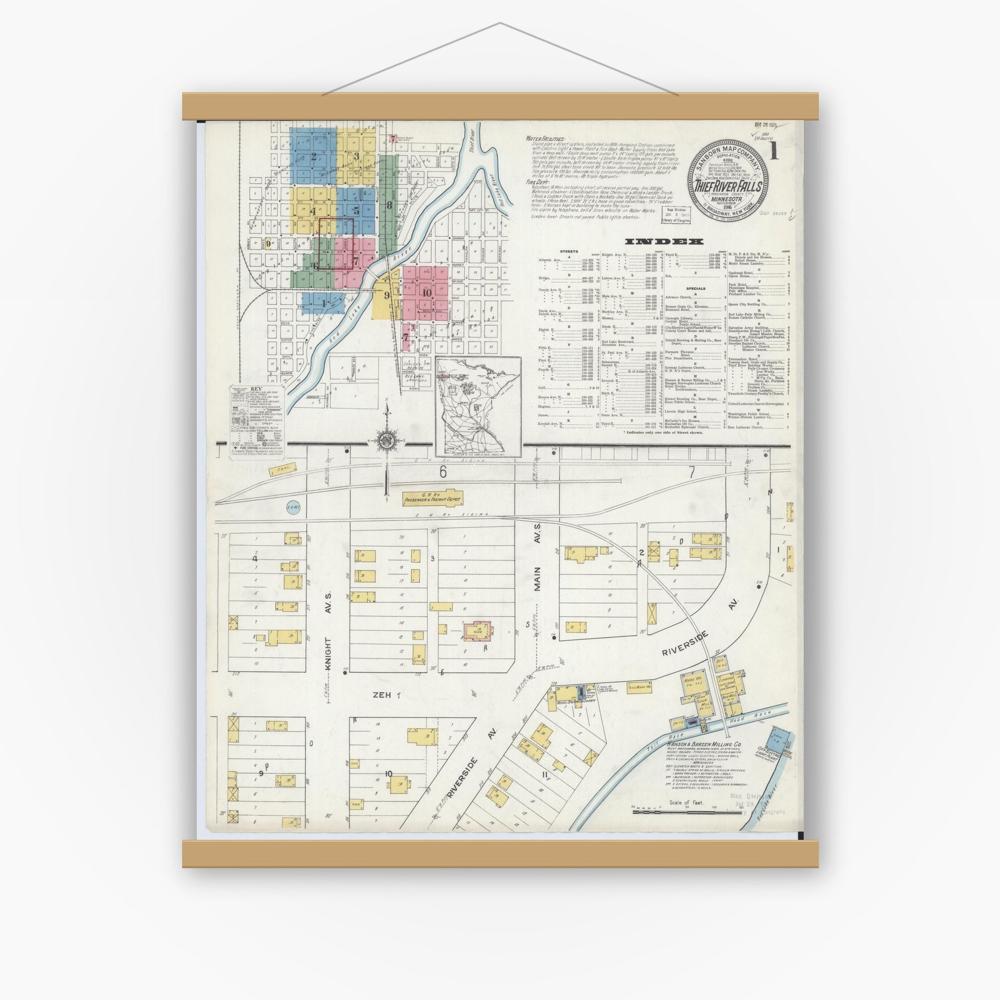 Old map wall art mockup — magnetic wood frame on white wall — Sanborn Fire Insurance Map from Thief River Falls, Pennington County, Minnesota (1916), Sheet #0001
