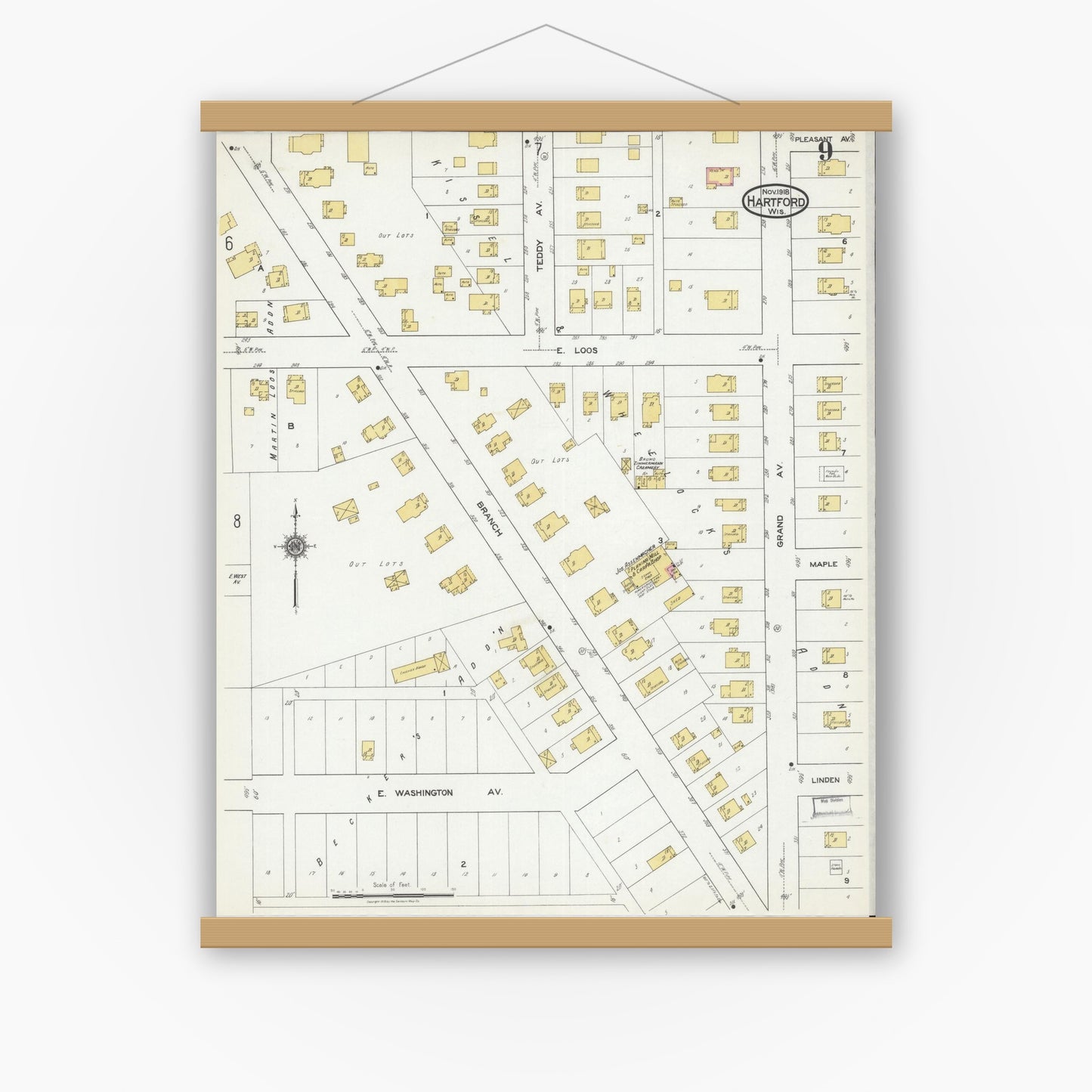 Old map wall art mockup — magnetic wood frame on white wall — Sanborn Fire Insurance Map from Hartford, Washington County, Wisconsin (1918), Sheet #0009