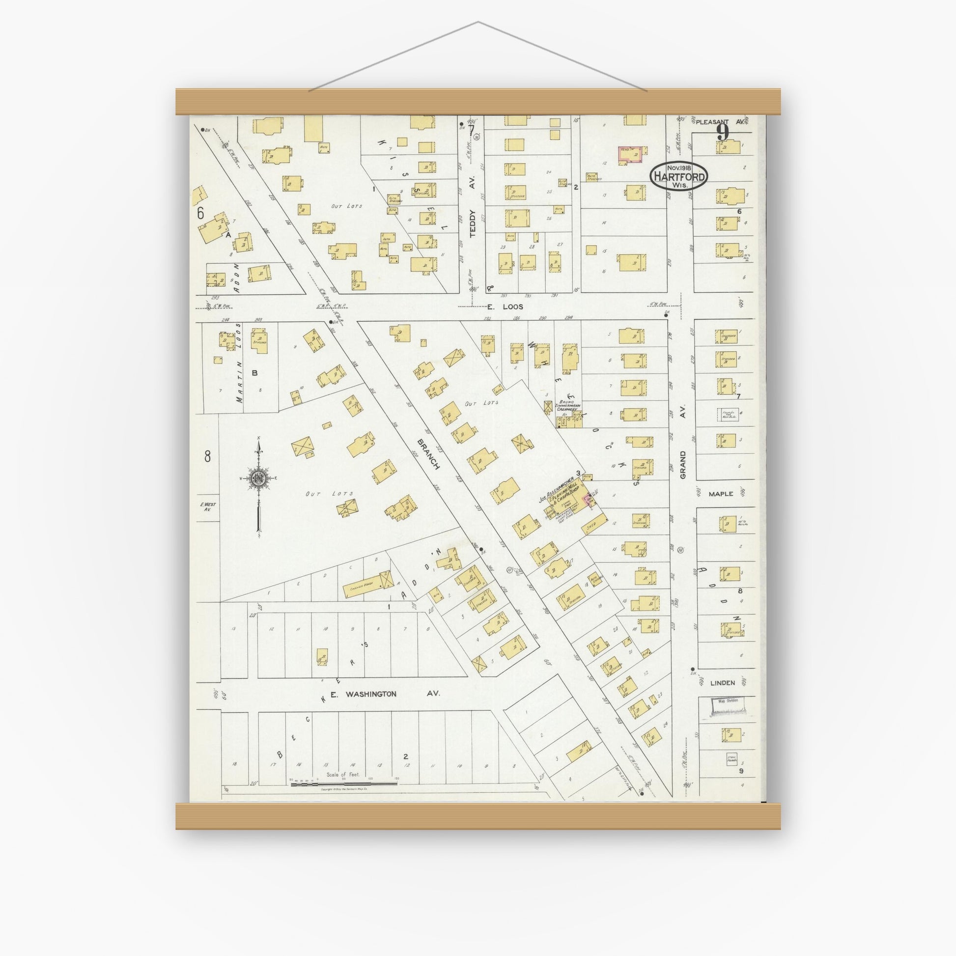 Old map wall art mockup — magnetic wood frame on white wall — Sanborn Fire Insurance Map from Hartford, Washington County, Wisconsin (1918), Sheet #0009