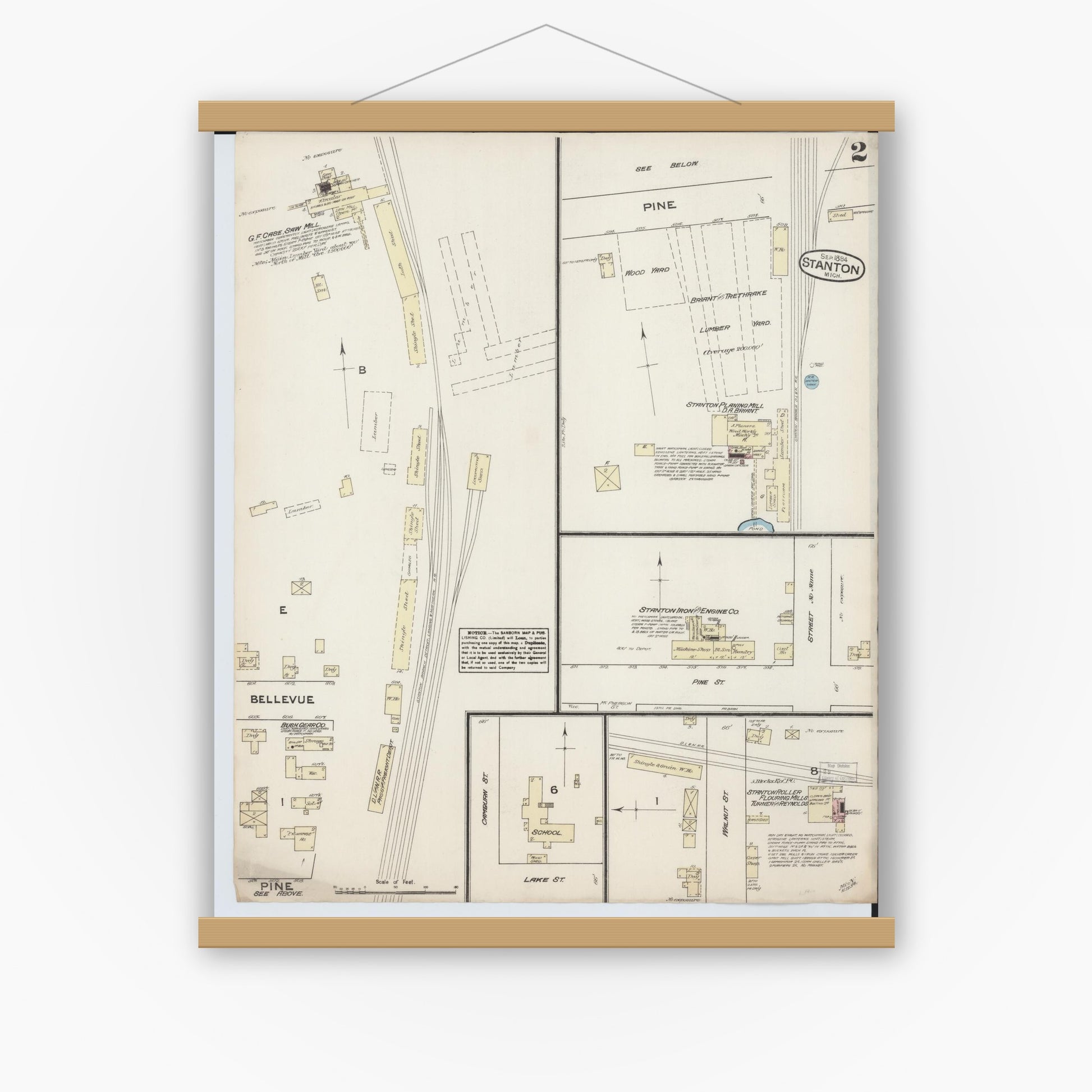 Old map wall art mockup — magnetic wood frame on white wall — Sanborn Fire Insurance Map from Stanton, Montcalm County, Michigan (1884), Sheet #0002