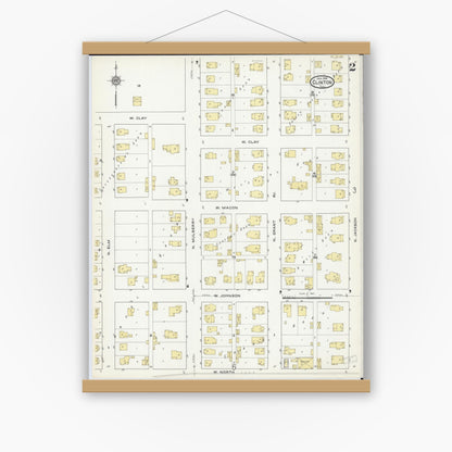 Old map wall art mockup — magnetic wood frame on white wall — Sanborn Fire Insurance Map from Clinton, De Witt County, Illinois (1916), Sheet #0002
