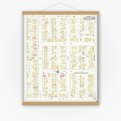 Old map wall art mockup — magnetic wood frame on white wall — Sanborn Fire Insurance Map from Logansport, Cass County, Indiana (1911), Sheet #0011