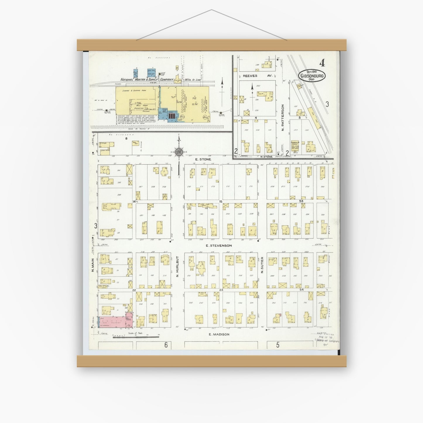 Old map wall art mockup — magnetic wood frame on white wall — Sanborn Fire Insurance Map from Gibsonburg, Sandusky County, Ohio (1910), Sheet #0004