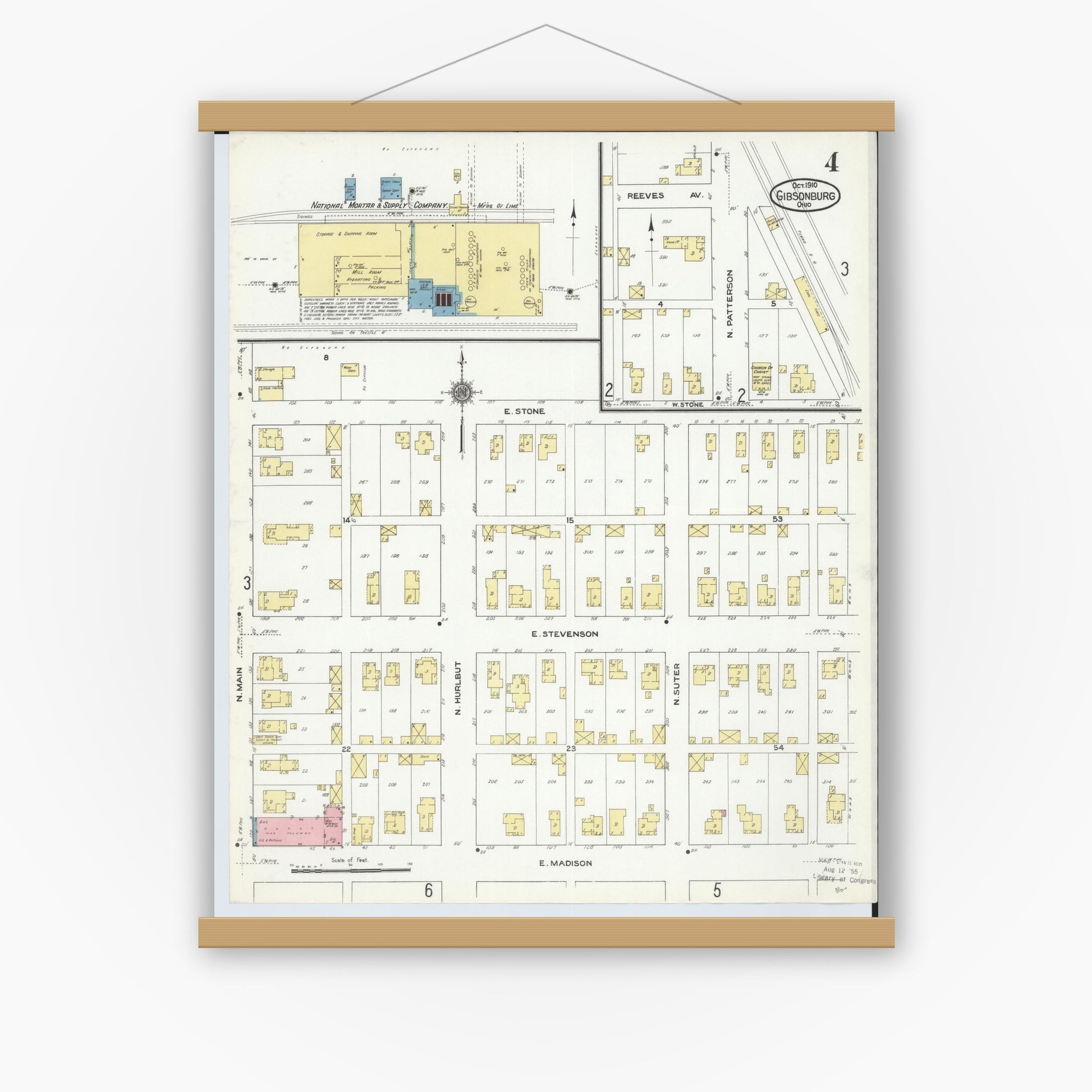 Old map wall art mockup — magnetic wood frame on white wall — Sanborn Fire Insurance Map from Gibsonburg, Sandusky County, Ohio (1910), Sheet #0004