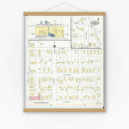 Old map wall art mockup — magnetic wood frame on white wall — Sanborn Fire Insurance Map from Gibsonburg, Sandusky County, Ohio (1910), Sheet #0004