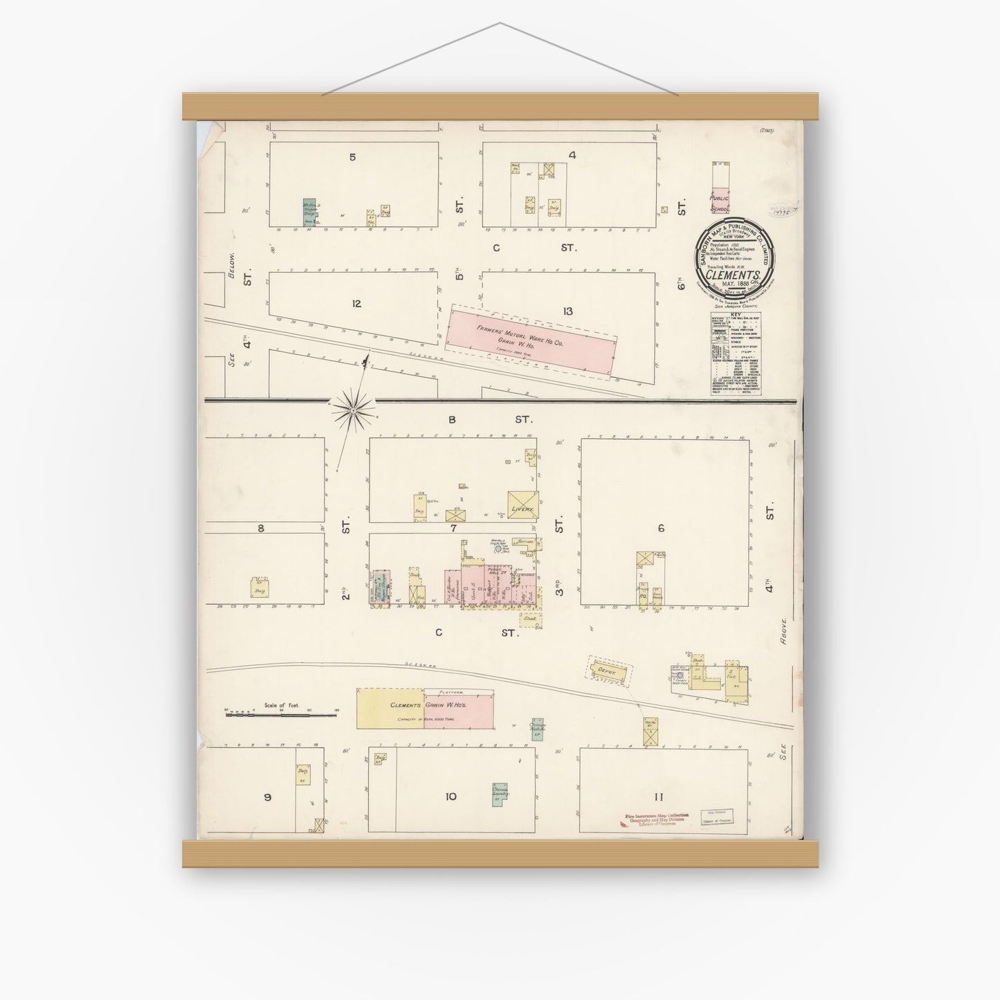 Old map wall art mockup — magnetic wood frame on white wall — Sanborn Fire Insurance Map from Clements, San Joaquin County, California (1888), Sheet #0001