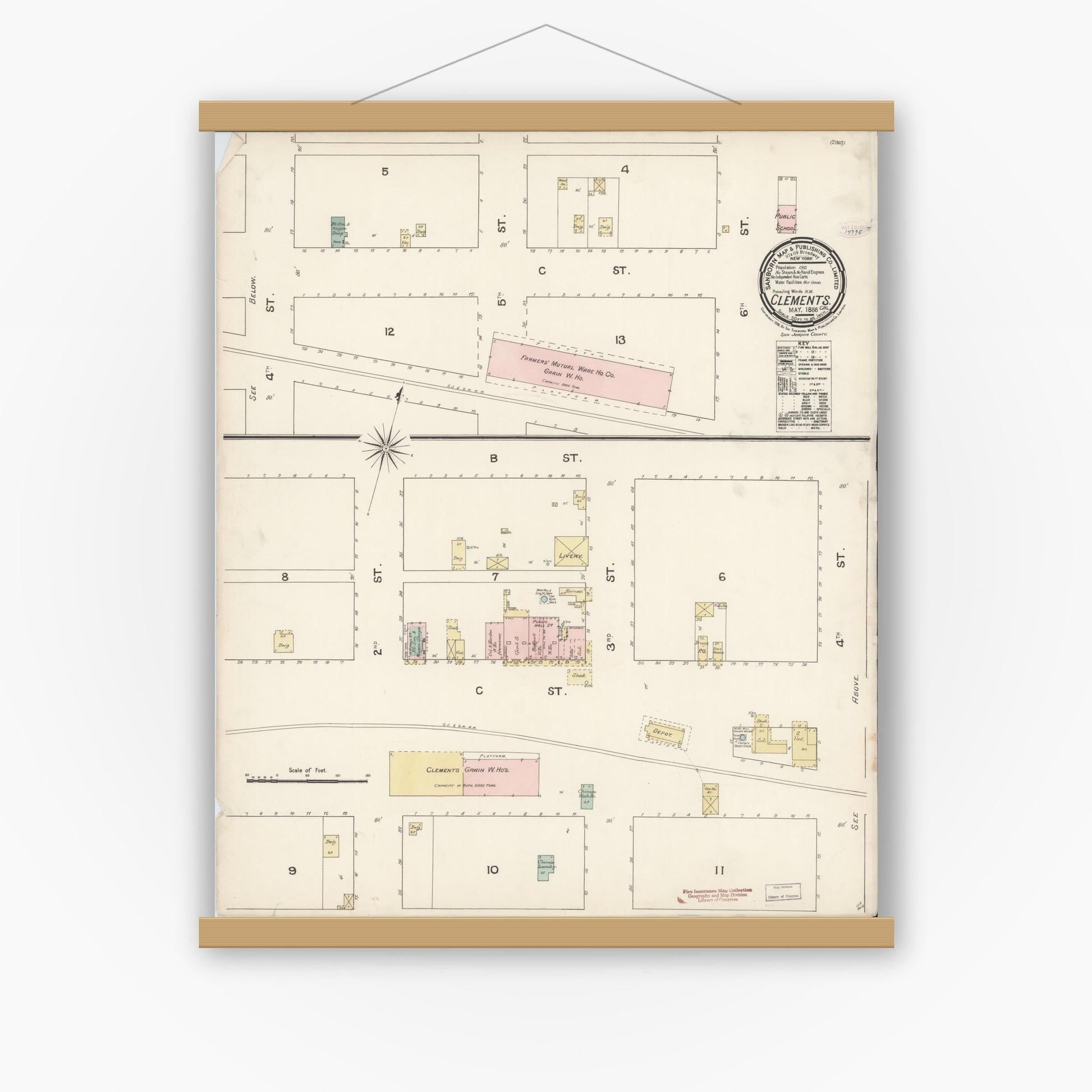 Old map wall art mockup — magnetic wood frame on white wall — Sanborn Fire Insurance Map from Clements, San Joaquin County, California (1888), Sheet #0001