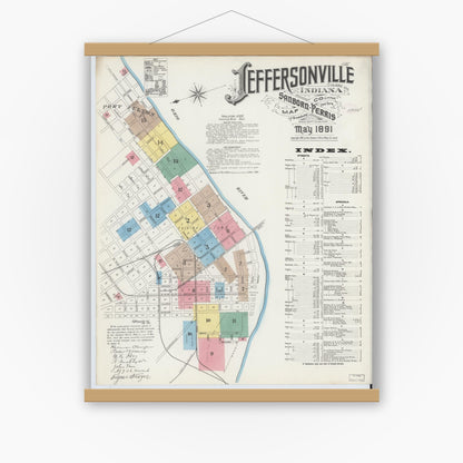 Old map wall art mockup — magnetic wood frame on white wall — Sanborn Fire Insurance Map from Jeffersonville, Clark County, Indiana (1891) - Complete Map Set