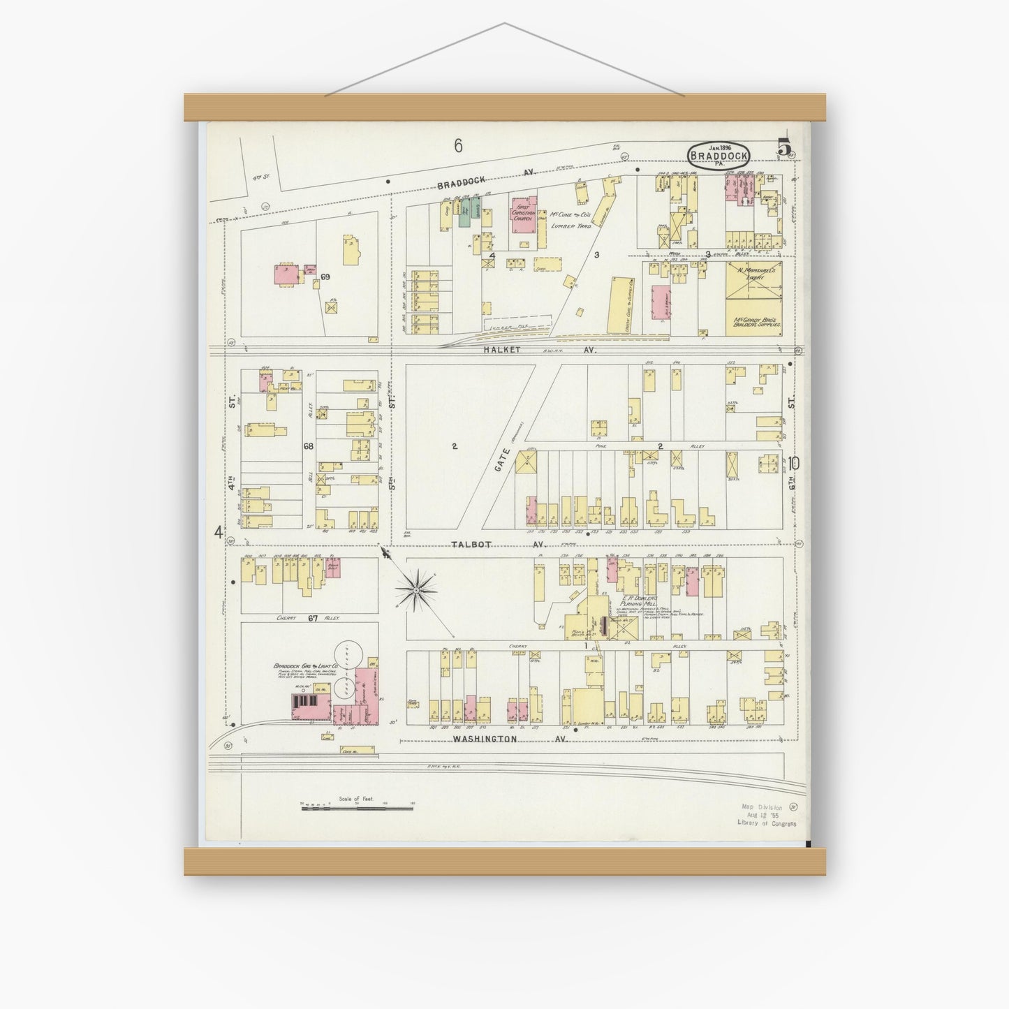 Old map wall art mockup — magnetic wood frame on white wall — Sanborn Fire Insurance Map from Braddock, Allegheny County, Pennsylvania (1896), Sheet #0005