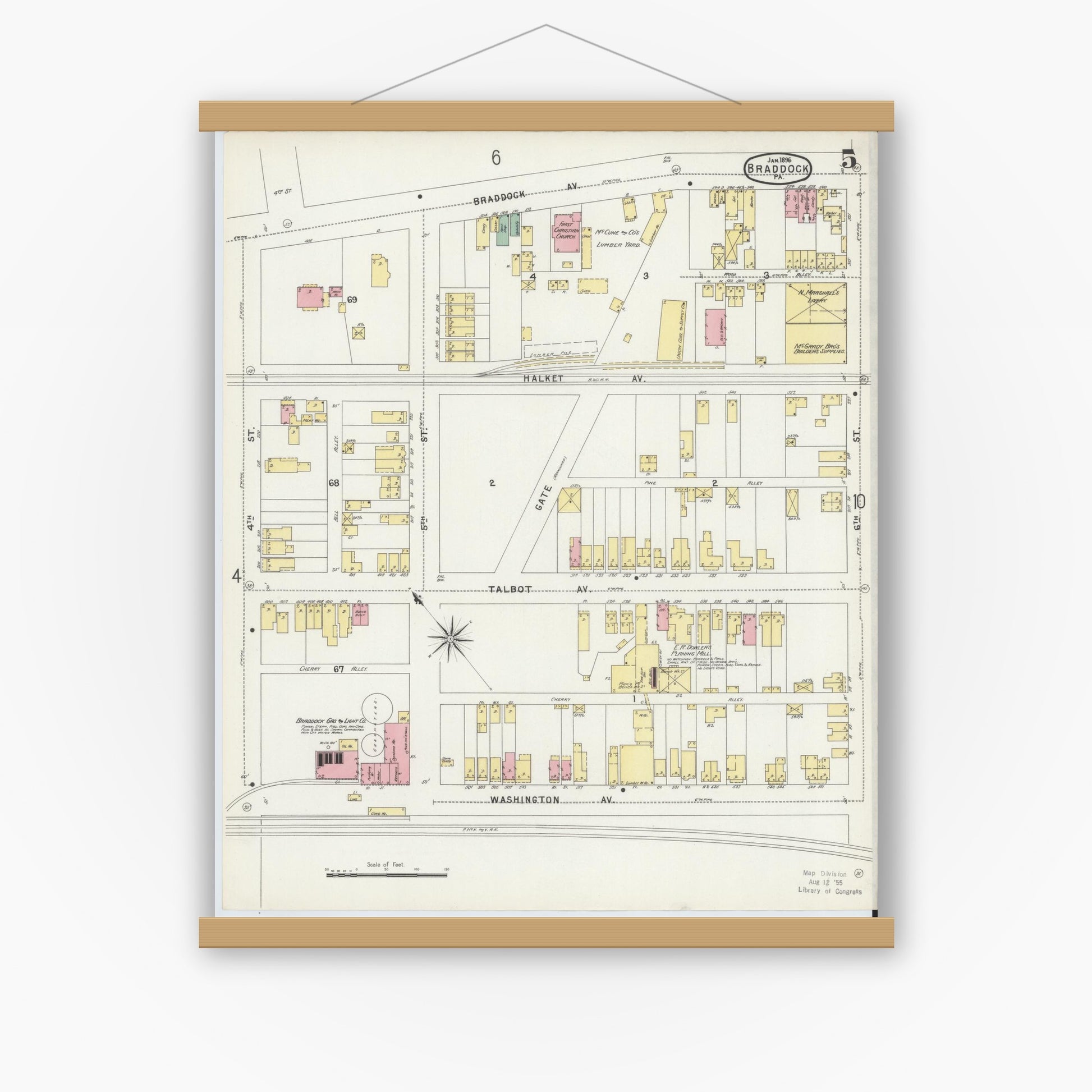 Old map wall art mockup — magnetic wood frame on white wall — Sanborn Fire Insurance Map from Braddock, Allegheny County, Pennsylvania (1896), Sheet #0005