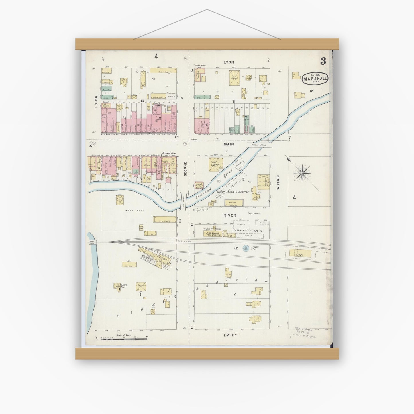 Old map wall art mockup — magnetic wood frame on white wall — Sanborn Fire Insurance Map from Marshall, Lyon County, Minnesota (1896), Sheet #0003