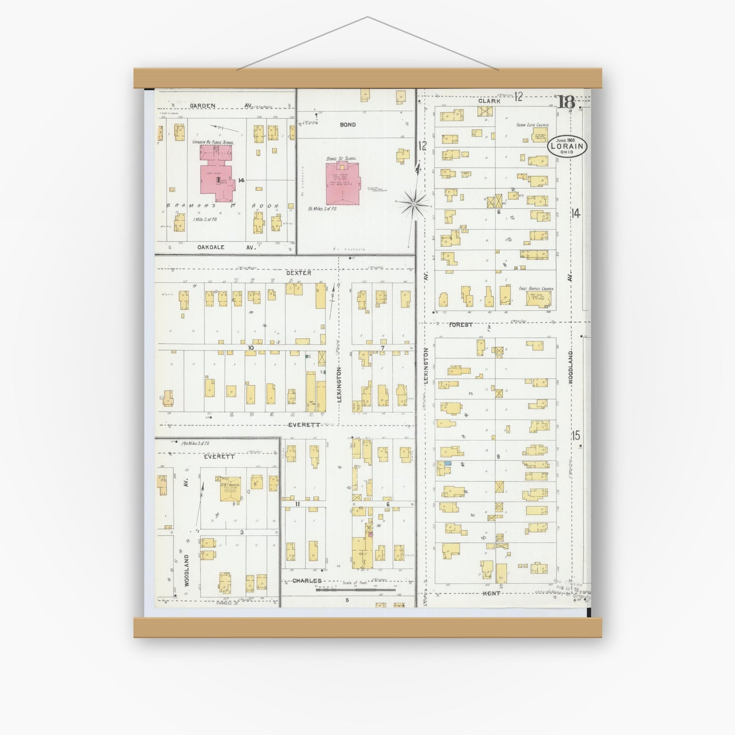 Old map wall art mockup — magnetic wood frame on white wall — Sanborn Fire Insurance Map from Lorain, Lorain County, Ohio (1905), Sheet #0018