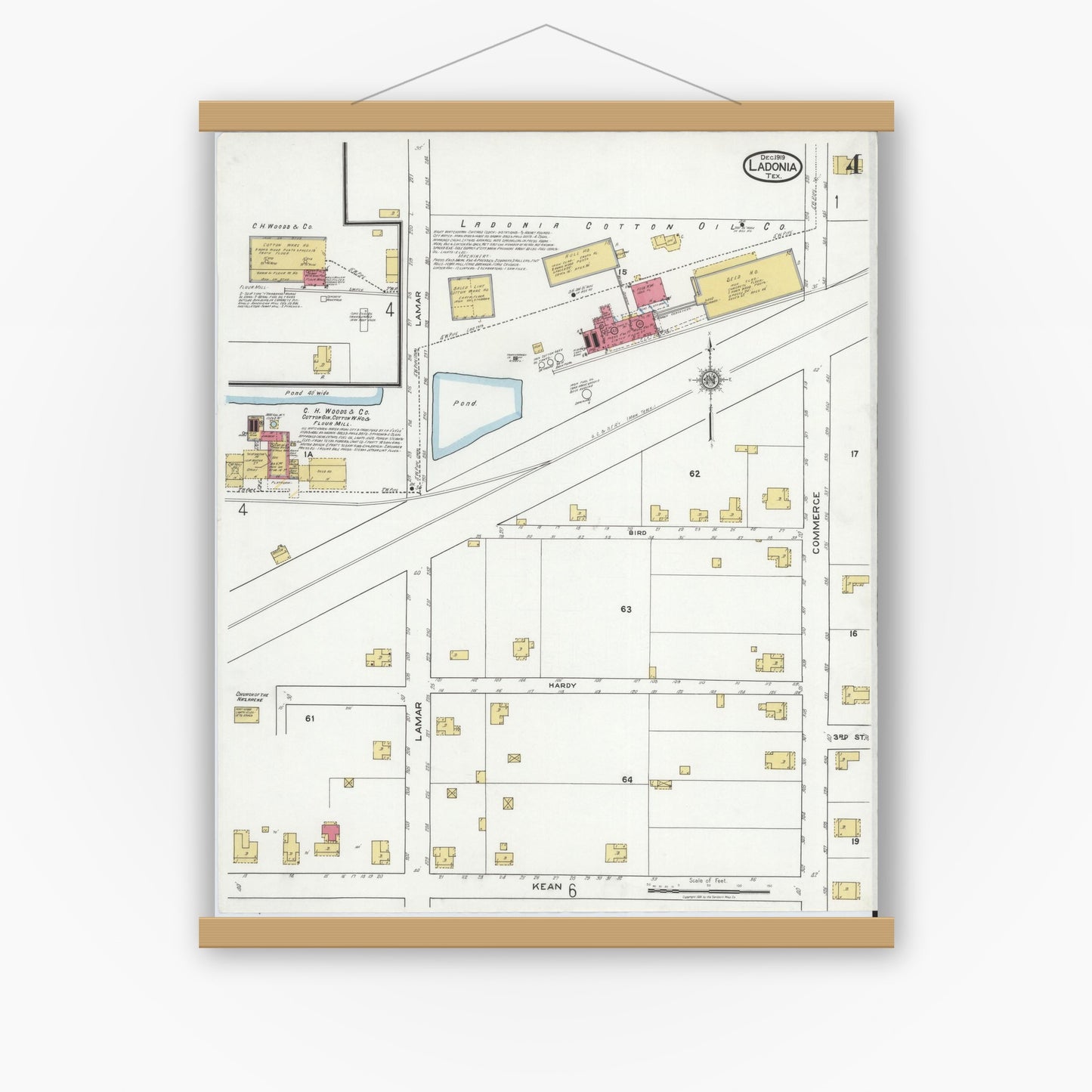 Old map wall art mockup — magnetic wood frame on white wall — Sanborn Fire Insurance Map from Ladonia, Fannin County, Texas (1919), Sheet #0004