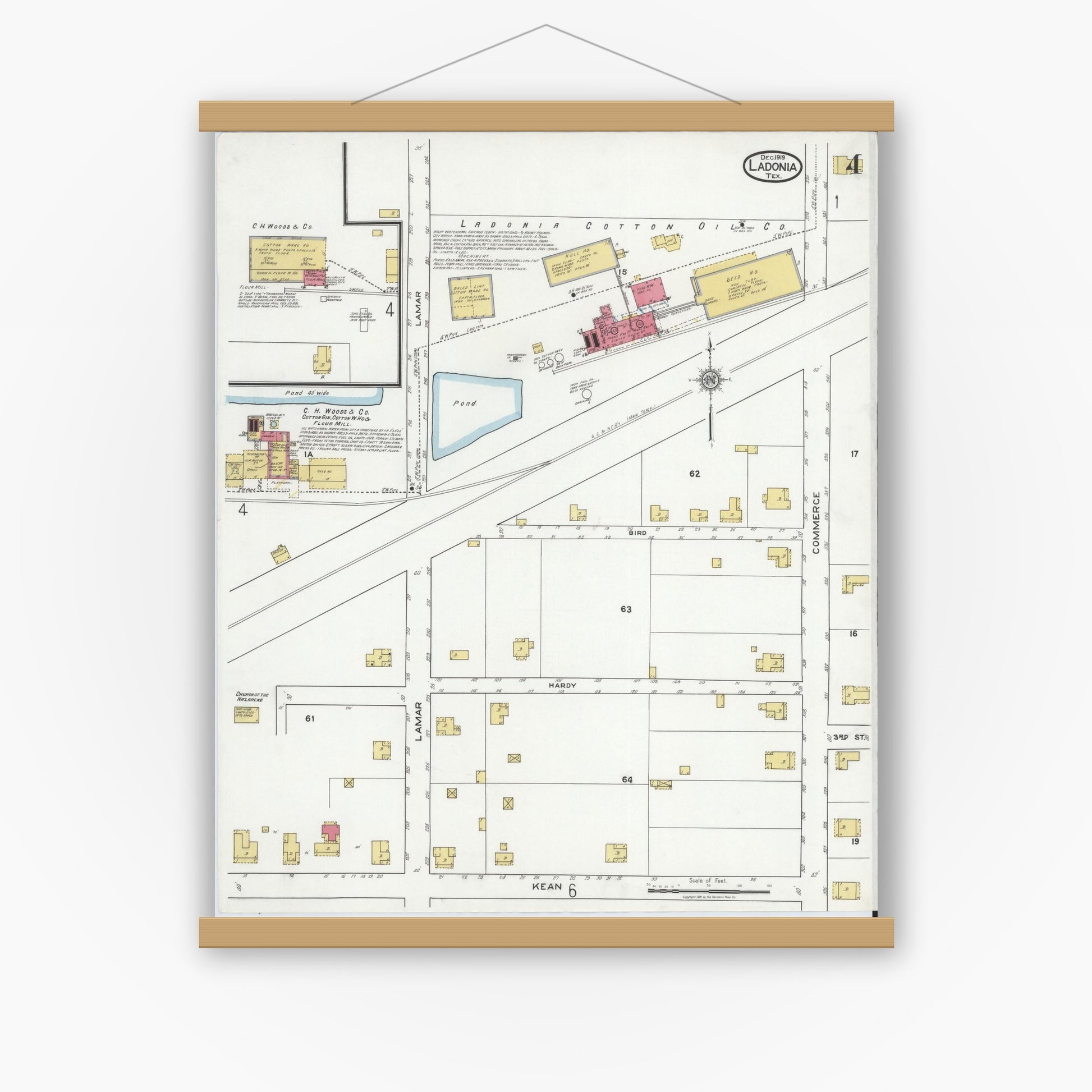 Old map wall art mockup — magnetic wood frame on white wall — Sanborn Fire Insurance Map from Ladonia, Fannin County, Texas (1919), Sheet #0004