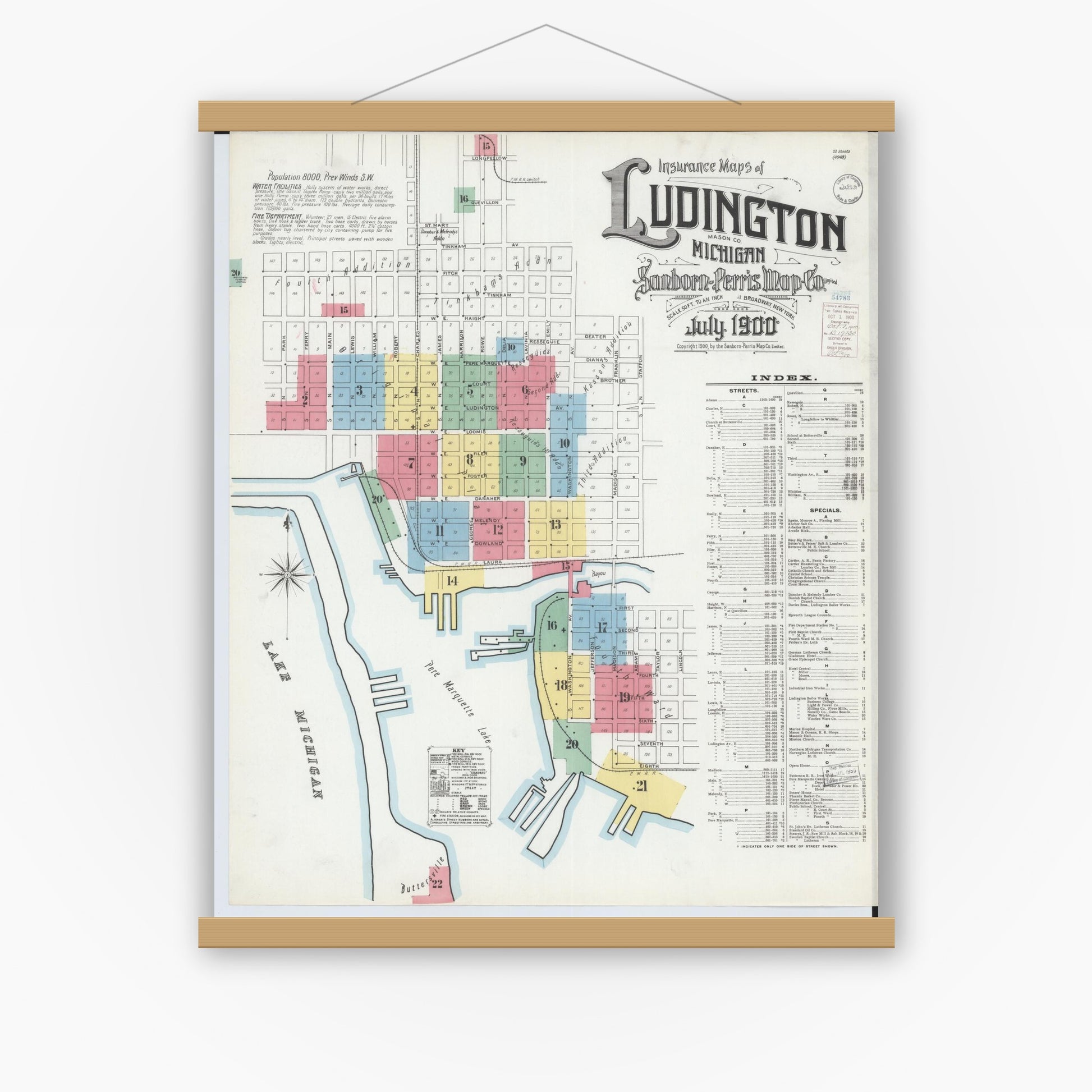 Old map wall art mockup — magnetic wood frame on white wall — Sanborn Fire Insurance Map from Ludington, Mason County, Michigan (1900), Sheet #0001