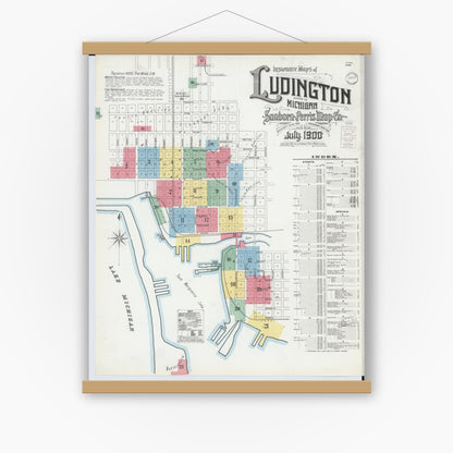 Old map wall art mockup — magnetic wood frame on white wall — Sanborn Fire Insurance Map from Ludington, Mason County, Michigan (1900), Sheet #0001