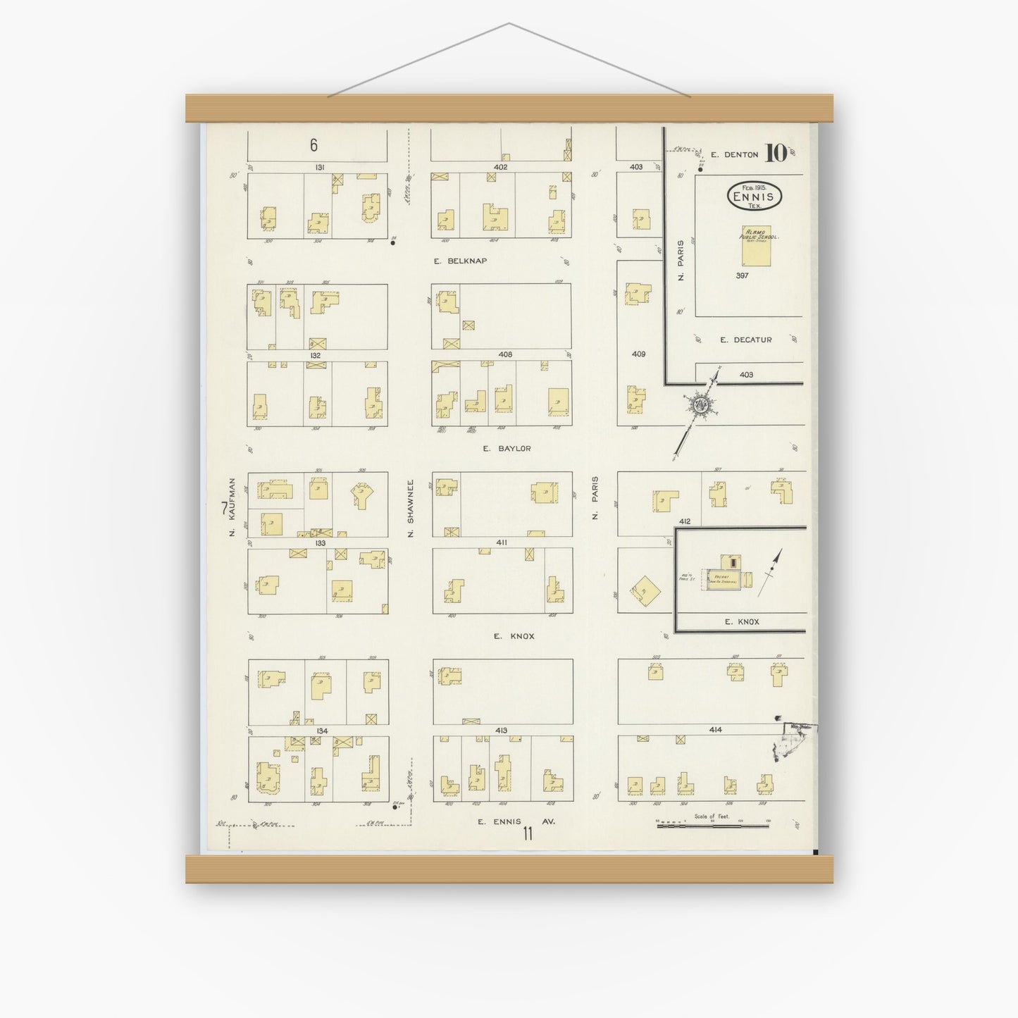 Old map wall art mockup — magnetic wood frame on white wall — Sanborn Fire Insurance Map from Ennis, Ellis County, Texas (1915), Sheet #0010
