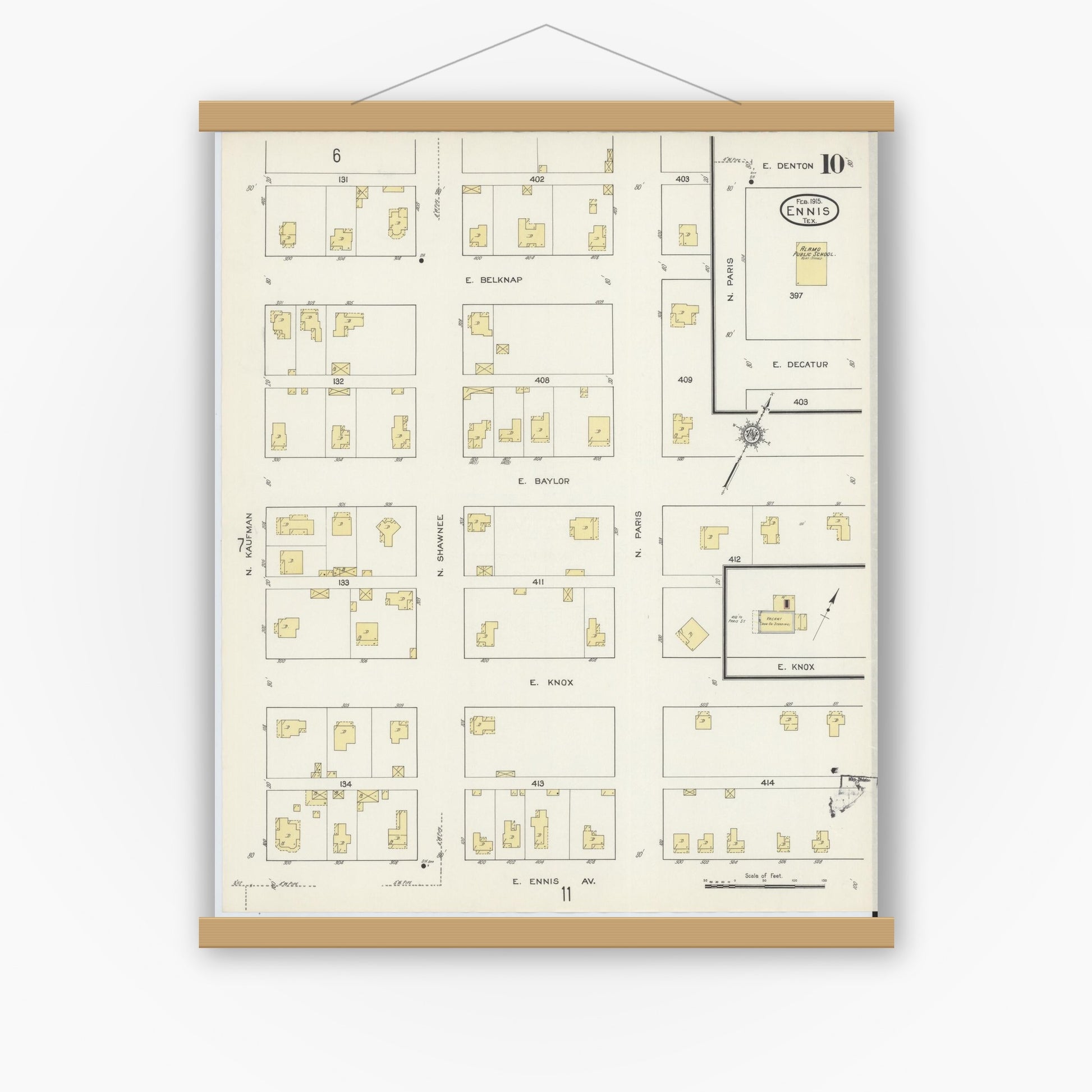 Old map wall art mockup — magnetic wood frame on white wall — Sanborn Fire Insurance Map from Ennis, Ellis County, Texas (1915), Sheet #0010