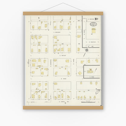 Old map wall art mockup — magnetic wood frame on white wall — Sanborn Fire Insurance Map from Ennis, Ellis County, Texas (1915), Sheet #0010