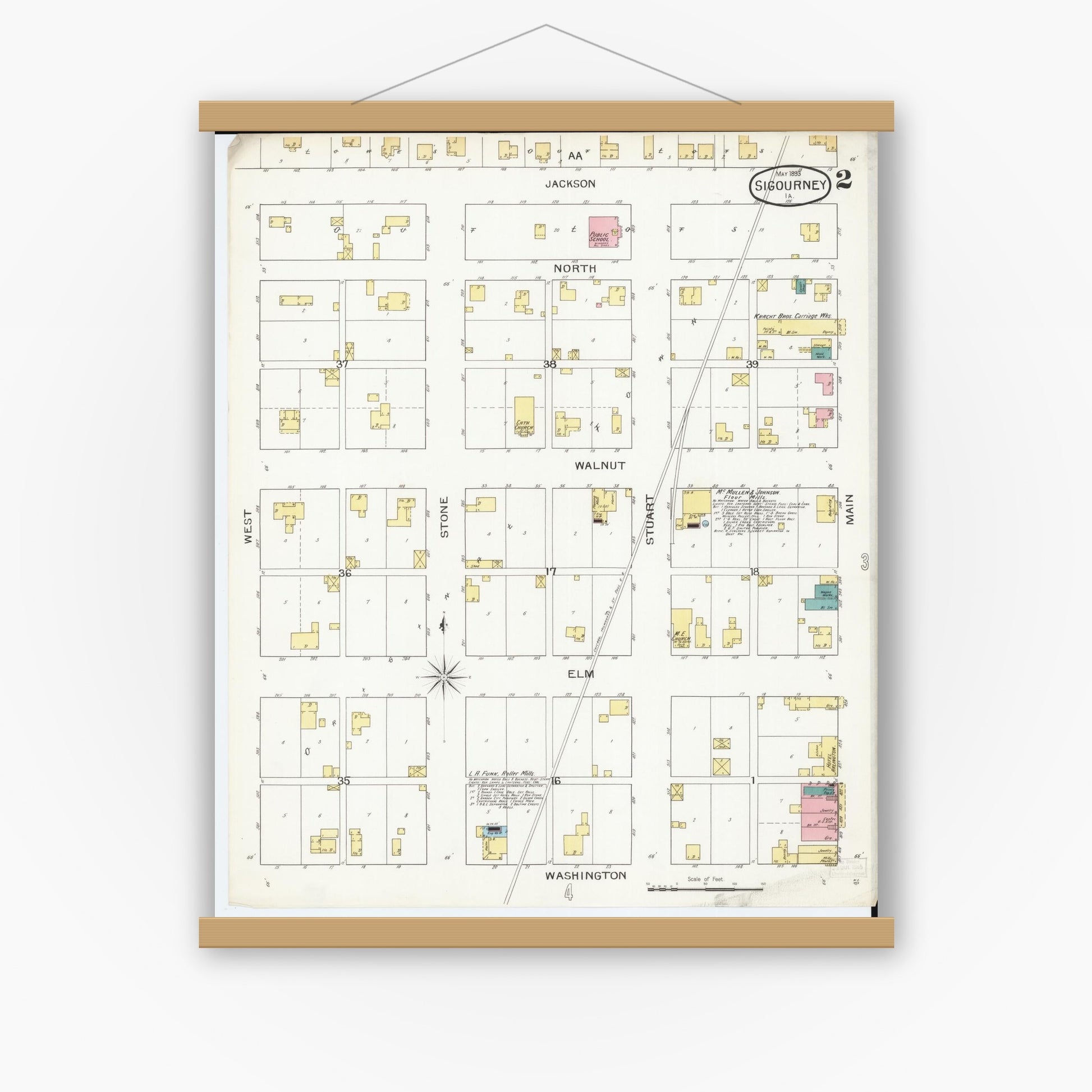 Old map wall art mockup — magnetic wood frame on white wall — Sanborn Fire Insurance Map from Sigourney, Kiokuk County, Iowa (1893), Sheet #0002
