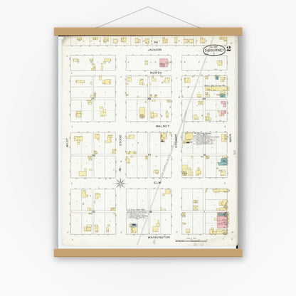 Old map wall art mockup — magnetic wood frame on white wall — Sanborn Fire Insurance Map from Sigourney, Kiokuk County, Iowa (1893), Sheet #0002