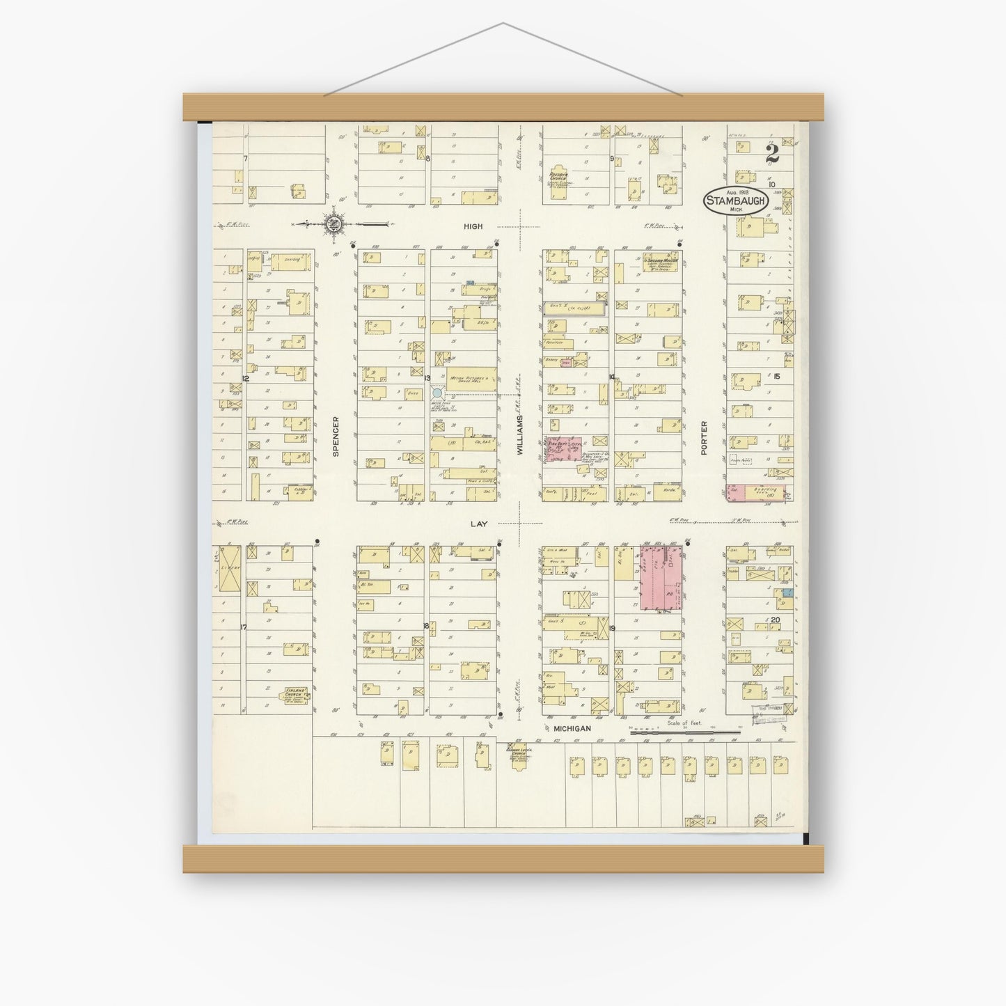 Old map wall art mockup — magnetic wood frame on white wall — Sanborn Fire Insurance Map from Stambaugh, Iron County, Michigan (1913), Sheet #0002