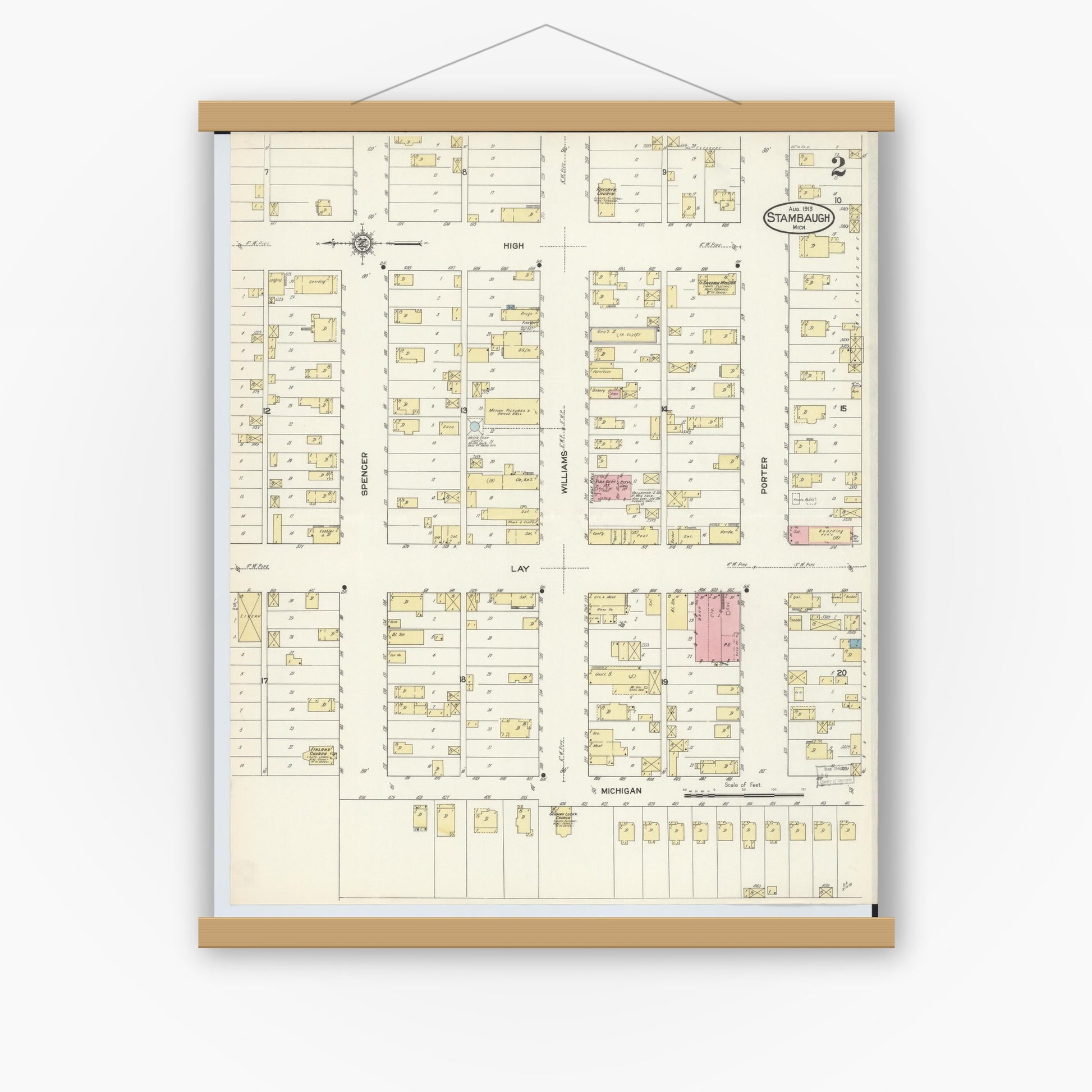 Old map wall art mockup — magnetic wood frame on white wall — Sanborn Fire Insurance Map from Stambaugh, Iron County, Michigan (1913), Sheet #0002