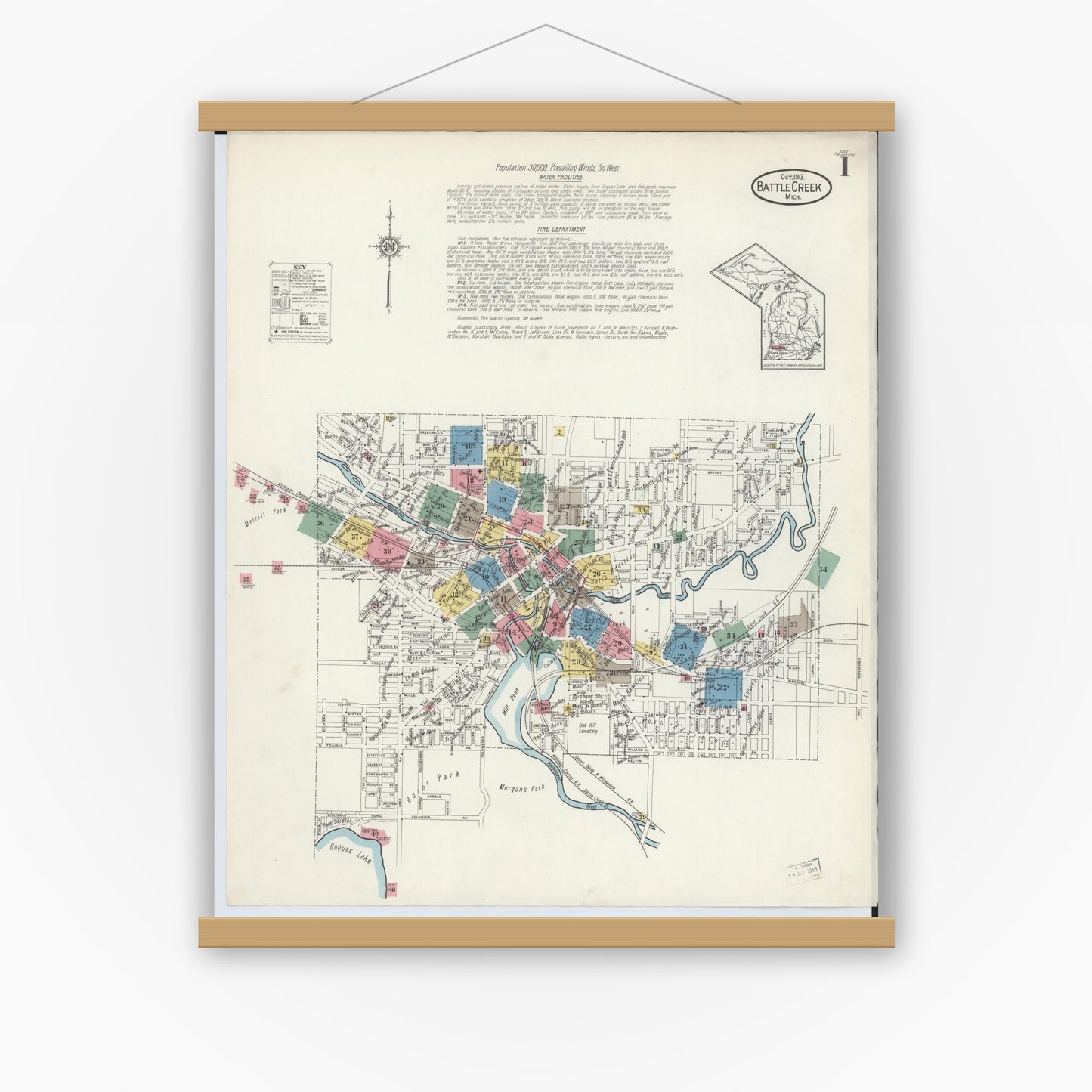 Old map wall art mockup — magnetic wood frame on white wall — Sanborn Fire Insurance Map from Battle Creek, Calhoun County, Michigan (1913) - Complete Map Set