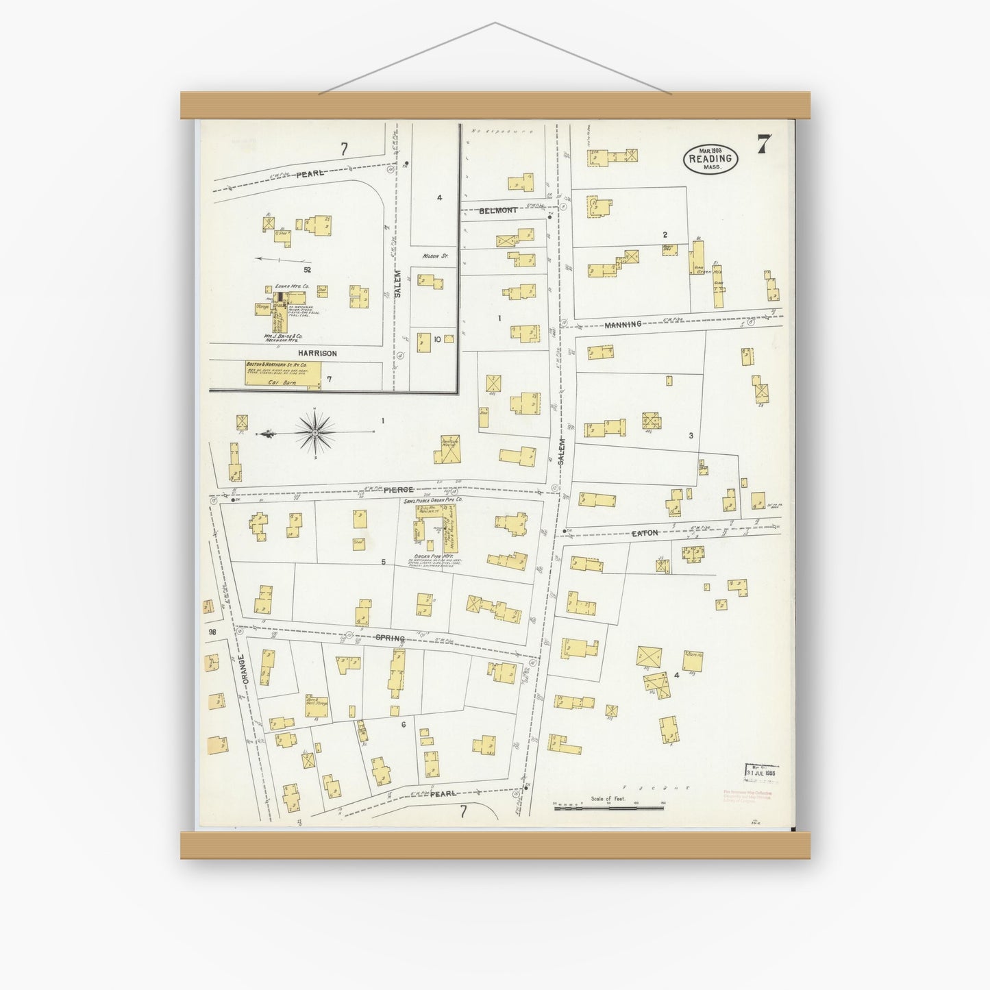 Old map wall art mockup — magnetic wood frame on white wall — Sanborn Fire Insurance Map from Reading, Middlesex County, Massachusetts (1903), Sheet #0007