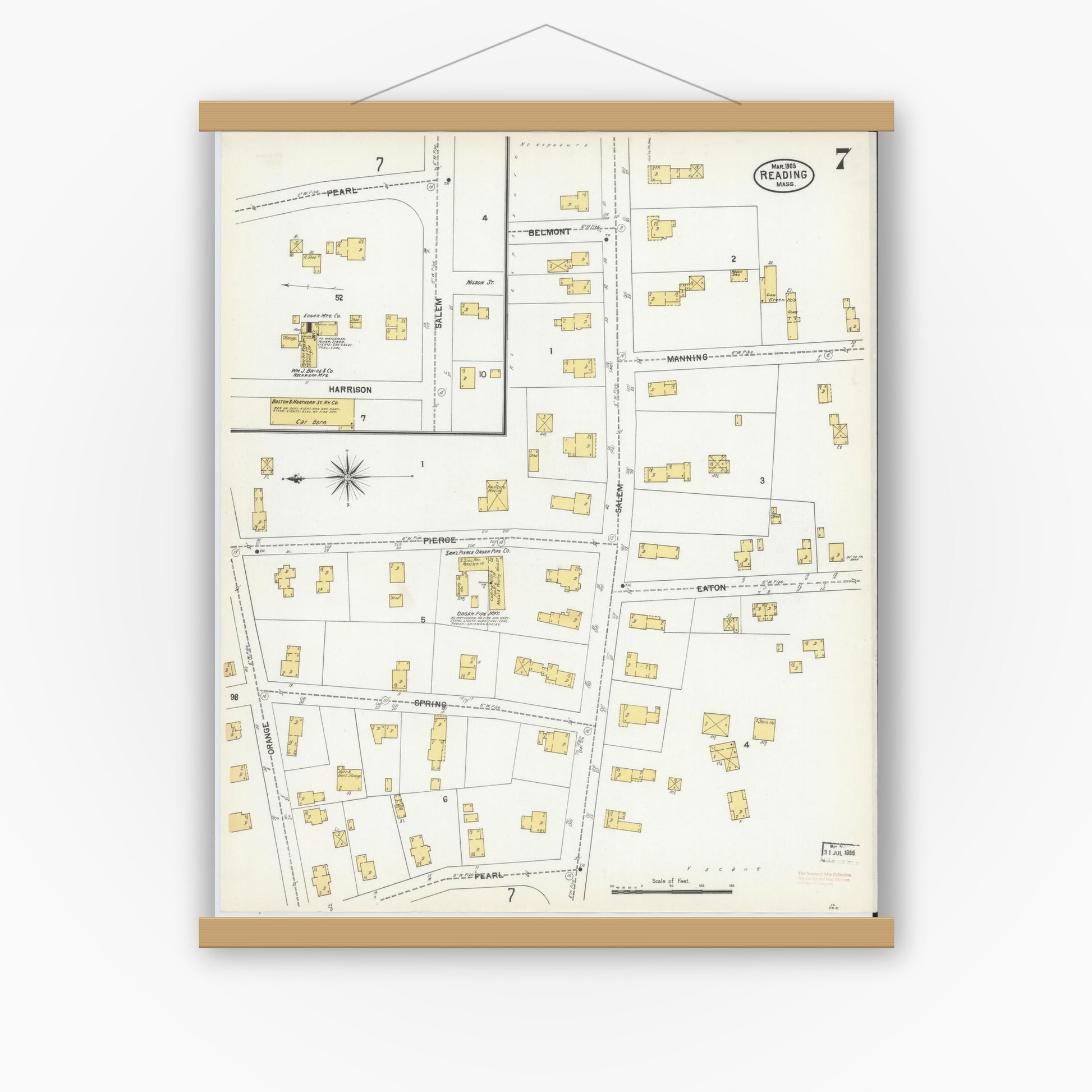 Old map wall art mockup — magnetic wood frame on white wall — Sanborn Fire Insurance Map from Reading, Middlesex County, Massachusetts (1903), Sheet #0007