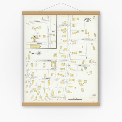 Old map wall art mockup — magnetic wood frame on white wall — Sanborn Fire Insurance Map from Reading, Middlesex County, Massachusetts (1903), Sheet #0007