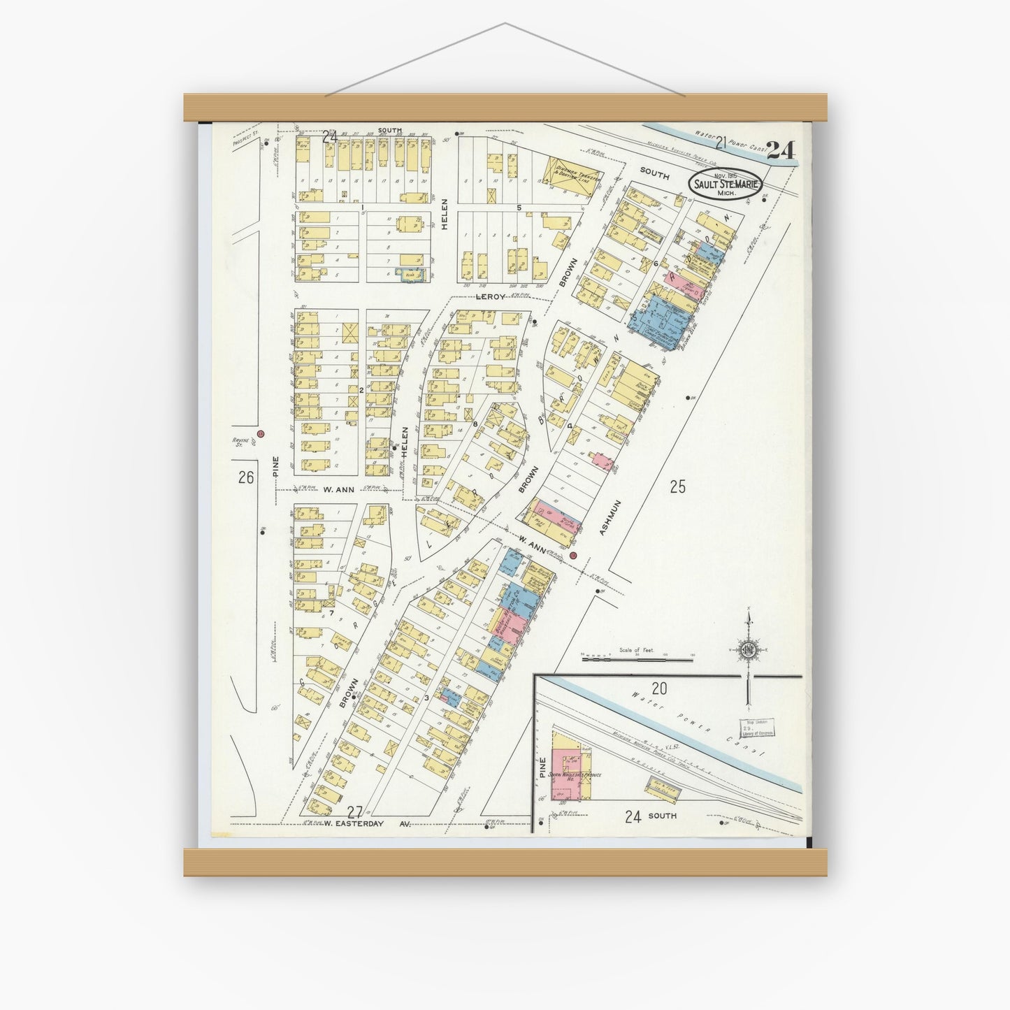 Old map wall art mockup — magnetic wood frame on white wall — Sanborn Fire Insurance Map from Sault Sainte Marie, Chippewa County, Michigan (1915), Sheet #0024