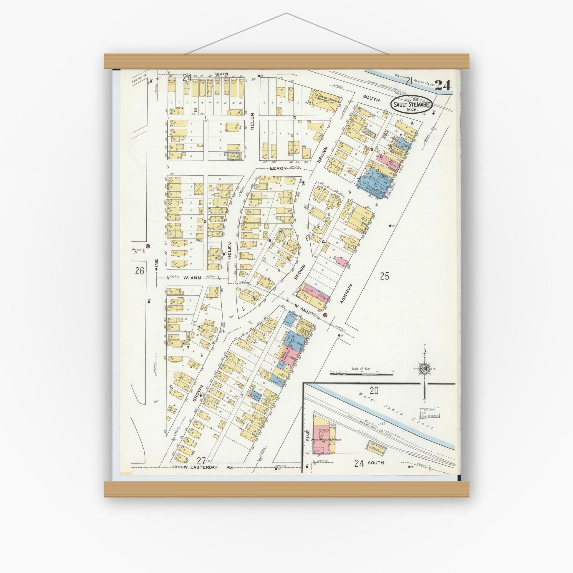 Old map wall art mockup — magnetic wood frame on white wall — Sanborn Fire Insurance Map from Sault Sainte Marie, Chippewa County, Michigan (1915), Sheet #0024