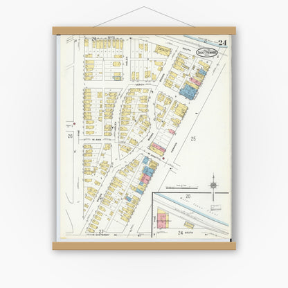 Old map wall art mockup — magnetic wood frame on white wall — Sanborn Fire Insurance Map from Sault Sainte Marie, Chippewa County, Michigan (1915), Sheet #0024