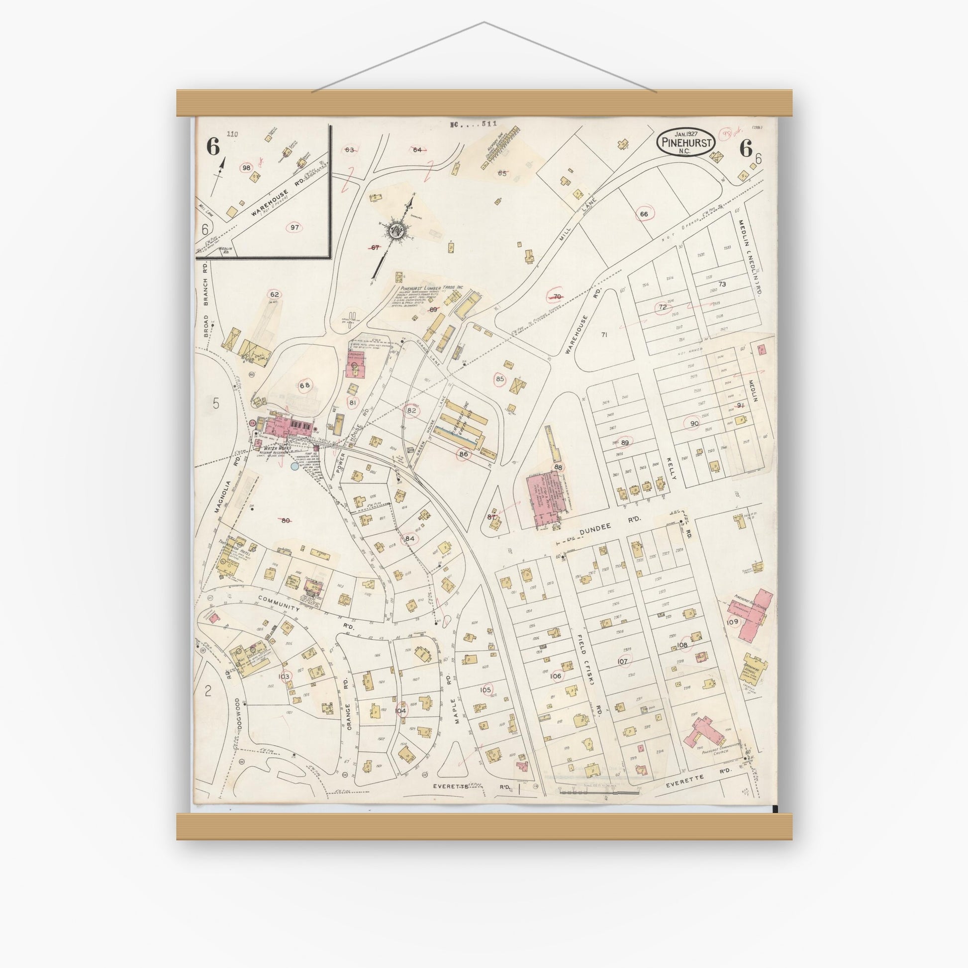 Old map wall art mockup — magnetic wood frame on white wall — Sanborn Fire Insurance Map from Pinehurst, Moore County, North Carolina (1939), Sheet #0006