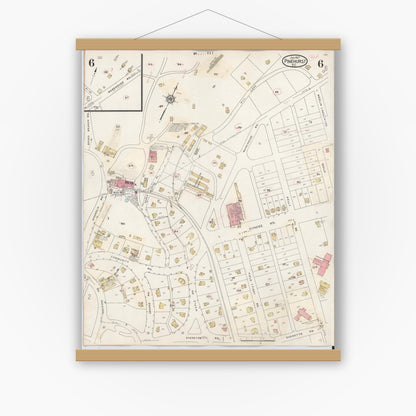 Old map wall art mockup — magnetic wood frame on white wall — Sanborn Fire Insurance Map from Pinehurst, Moore County, North Carolina (1939), Sheet #0006