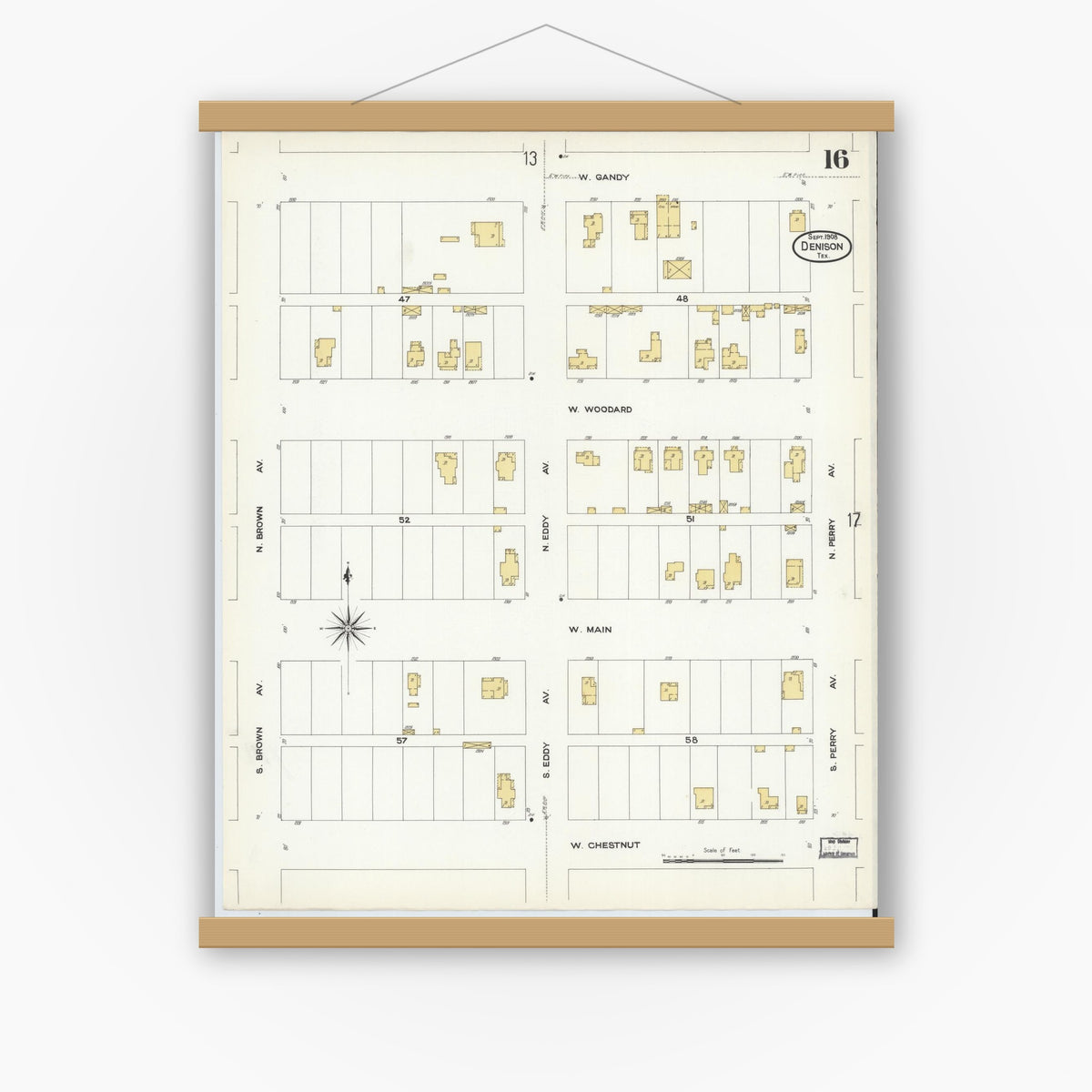 Old map wall art mockup — magnetic wood frame on white wall — Sanborn Fire Insurance Map from Denison, Grayson County, Texas (1908), Sheet #0016