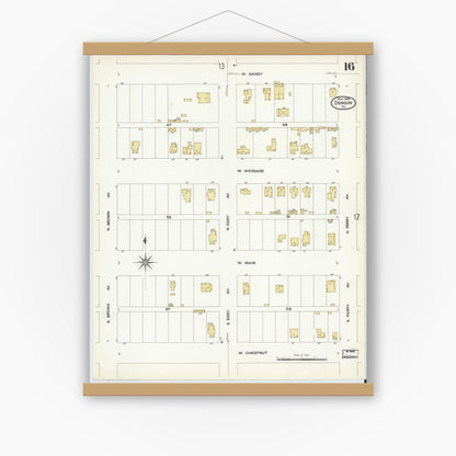 Old map wall art mockup — magnetic wood frame on white wall — Sanborn Fire Insurance Map from Denison, Grayson County, Texas (1908), Sheet #0016