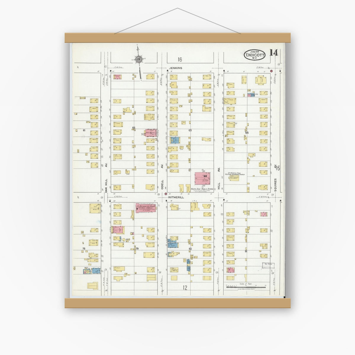 Old map wall art mockup — magnetic wood frame on white wall — Sanborn Fire Insurance Map from Endicott, Broome County, New York (1918), Sheet #0014