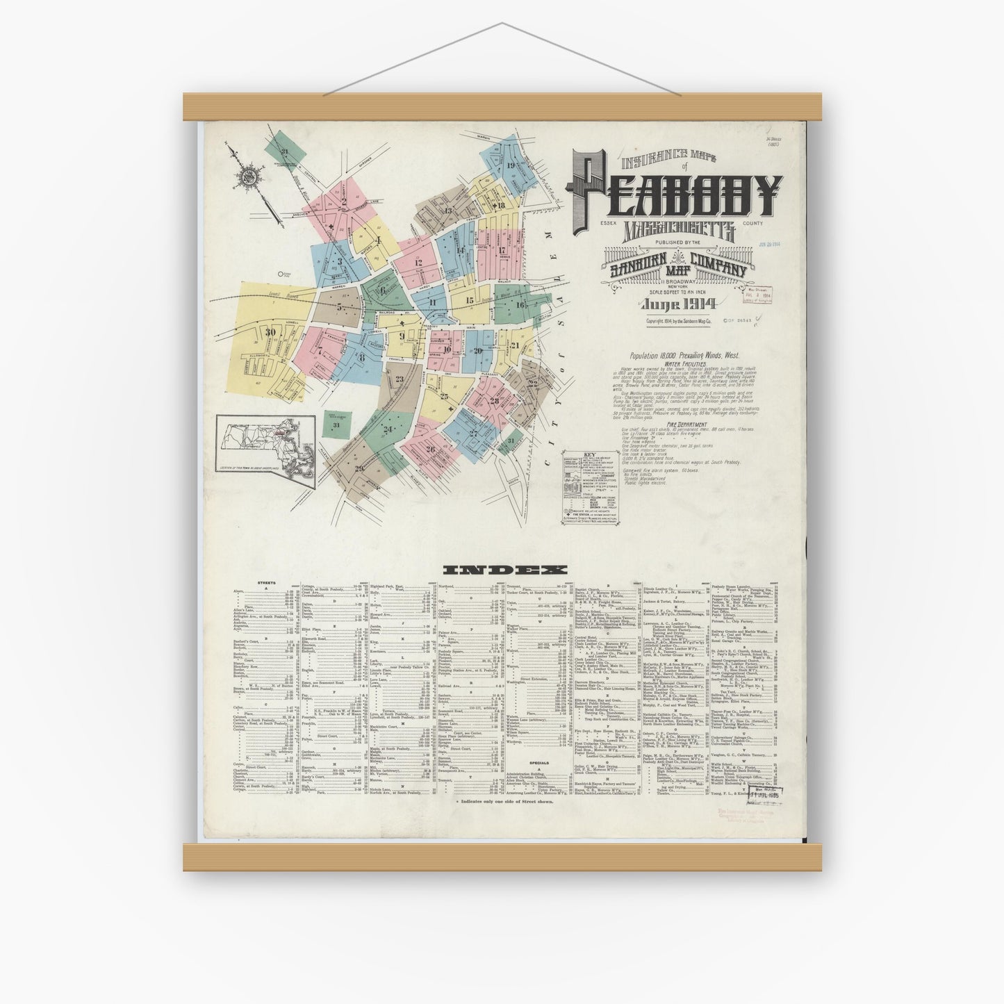 Old map wall art mockup — magnetic wood frame on white wall — Sanborn Fire Insurance Map from Peabody, Essex County, Massachusetts (1914) - Complete Map Set