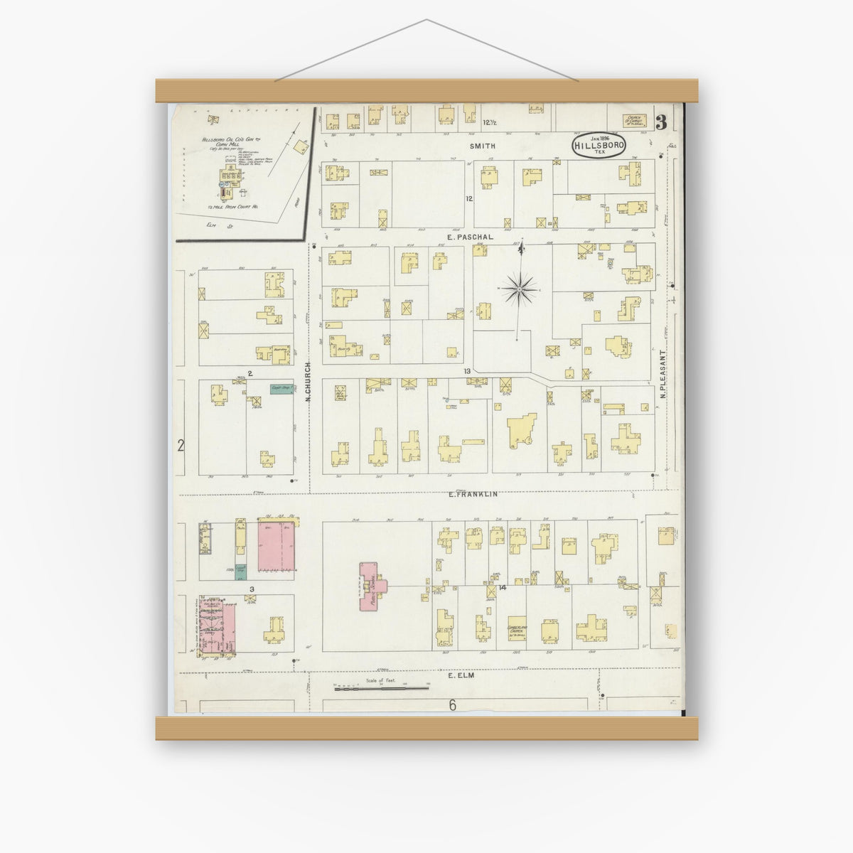 Old map wall art mockup — magnetic wood frame on white wall — Sanborn Fire Insurance Map from Hillsboro, Hill County, Texas (1896), Sheet #0003