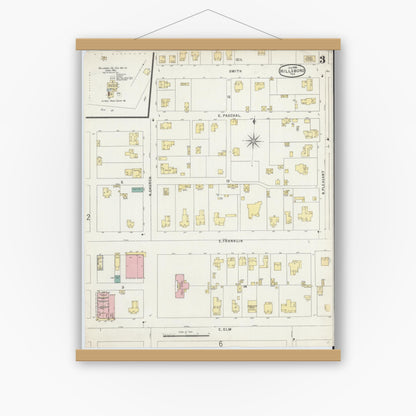 Old map wall art mockup — magnetic wood frame on white wall — Sanborn Fire Insurance Map from Hillsboro, Hill County, Texas (1896), Sheet #0003