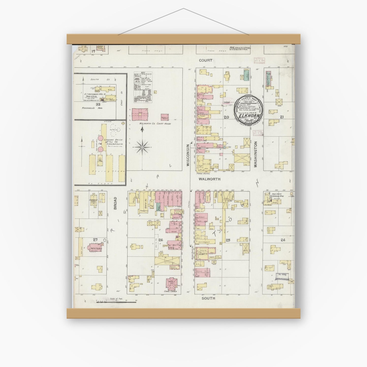 Old map wall art mockup — magnetic wood frame on white wall — Sanborn Fire Insurance Map from Elkhorn, Walworth County, Wisconsin (1893), Sheet #0001