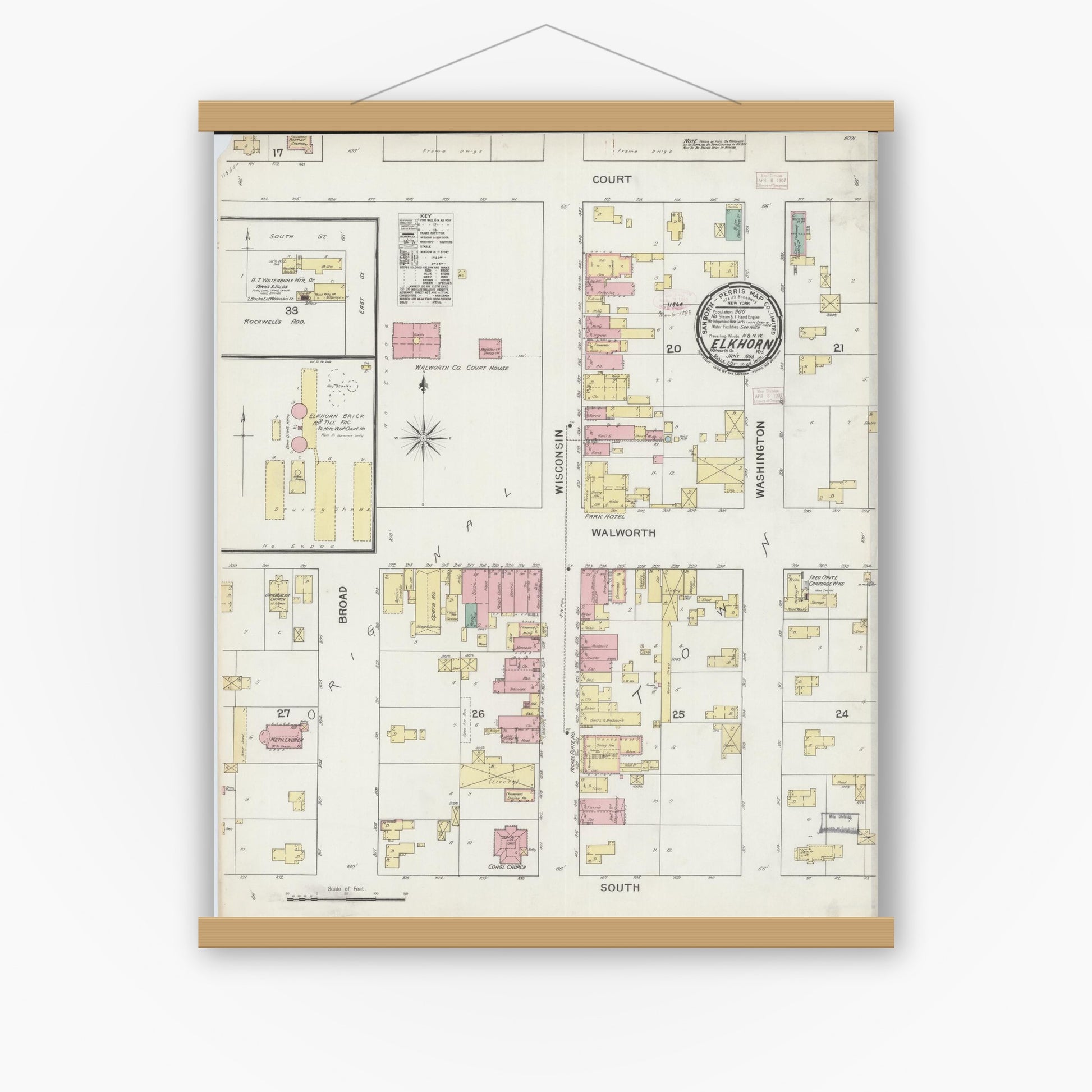 Old map wall art mockup — magnetic wood frame on white wall — Sanborn Fire Insurance Map from Elkhorn, Walworth County, Wisconsin (1893), Sheet #0001