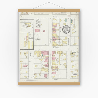 Old map wall art mockup — magnetic wood frame on white wall — Sanborn Fire Insurance Map from Elkhorn, Walworth County, Wisconsin (1893), Sheet #0001