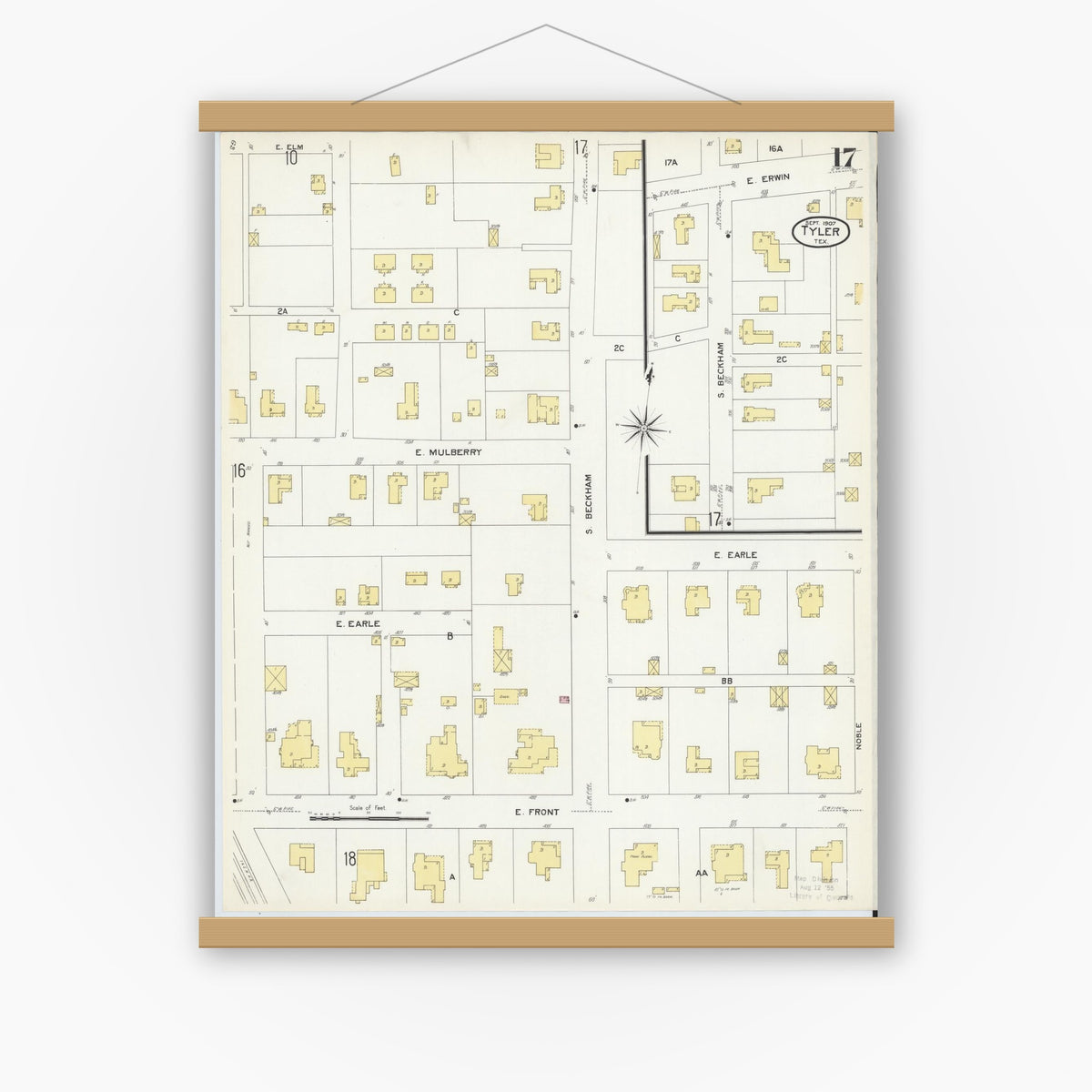Old map wall art mockup — magnetic wood frame on white wall — Sanborn Fire Insurance Map from Tyler, Smith County, Texas (1907), Sheet #0017