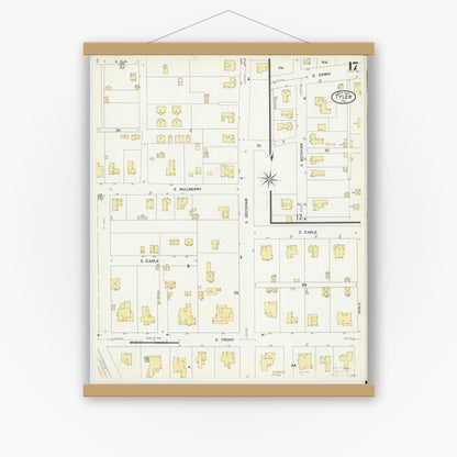 Old map wall art mockup — magnetic wood frame on white wall — Sanborn Fire Insurance Map from Tyler, Smith County, Texas (1907), Sheet #0017