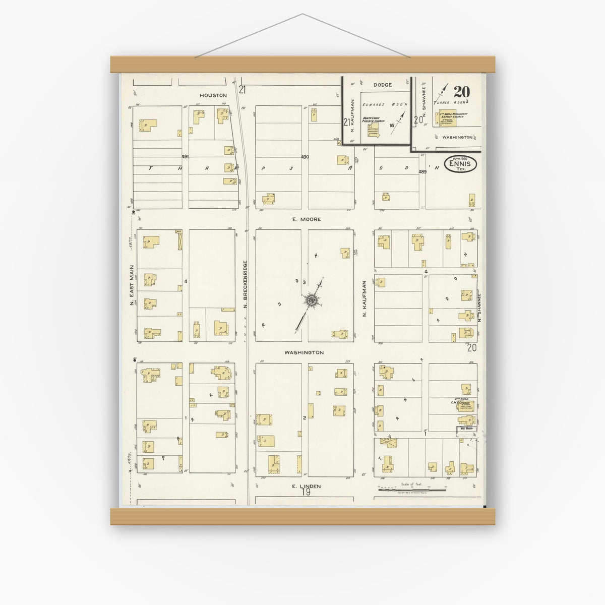 Old map wall art mockup — magnetic wood frame on white wall — Sanborn Fire Insurance Map from Ennis, Ellis County, Texas (1920), Sheet #0020