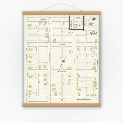 Old map wall art mockup — magnetic wood frame on white wall — Sanborn Fire Insurance Map from Ennis, Ellis County, Texas (1920), Sheet #0020