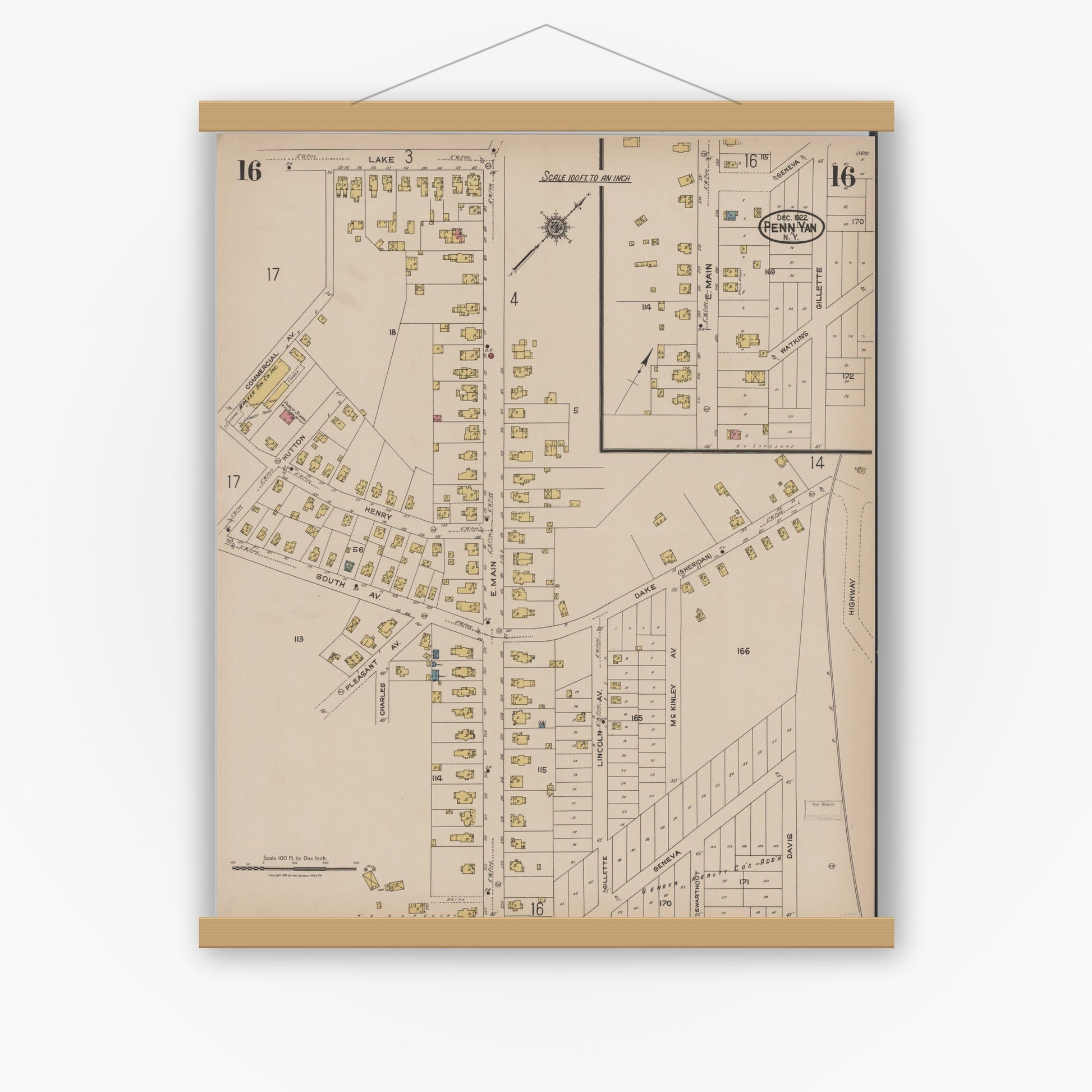 Old map wall art mockup — magnetic wood frame on white wall — Sanborn Fire Insurance Map from Penn Yan, Yates County, New York (1922), Sheet #0016